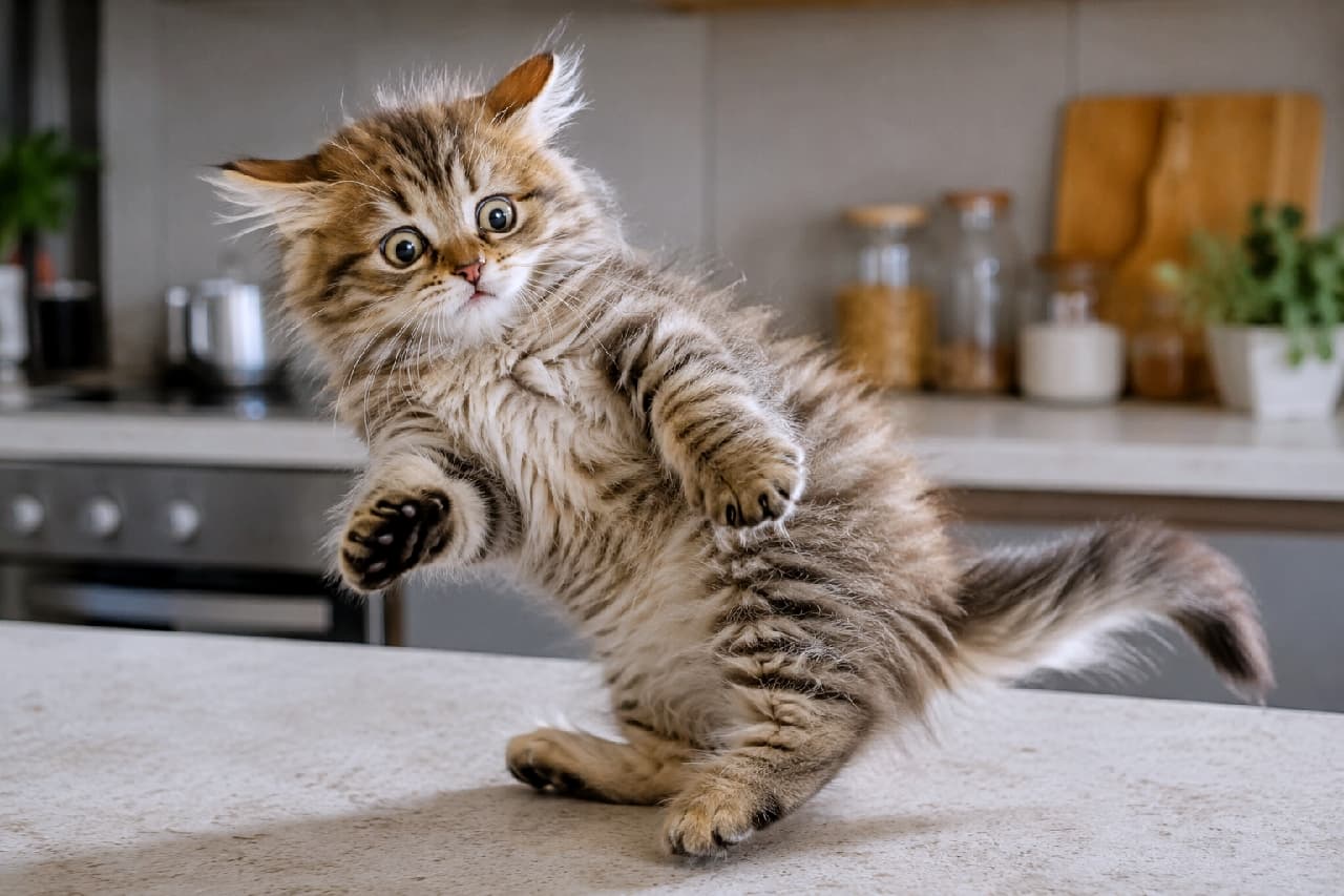 「謎のダンス発動!?🕺✨ 突然のカメラのシャッター音に驚く姿が可愛すぎる😂💕 #子猫のいる生活 #躍動感」An ultra-realistic high-quality photograph of a fluffy tabby kitten performing a comical jumping pose on a marble-like kitchen counter, standing on its hind legs with front paws spread in surprise. The kitten's wide eyes and soft fur are captured with incredible dynamic energy, set against a softly blurred background of spice bottles and plants. 大理石風のキッチンカウンターの上で、何かに驚いて後ろ足で立ち上がり、前足を広げて宙に浮くようなコミカルなポーズをとる長毛種のキジトラ子猫。丸く見開かれた大きな目と、ふわふわの毛並みが躍動感とともに克明に描写され、背景にはスパイスボトルや観葉植物が柔らかくボケています