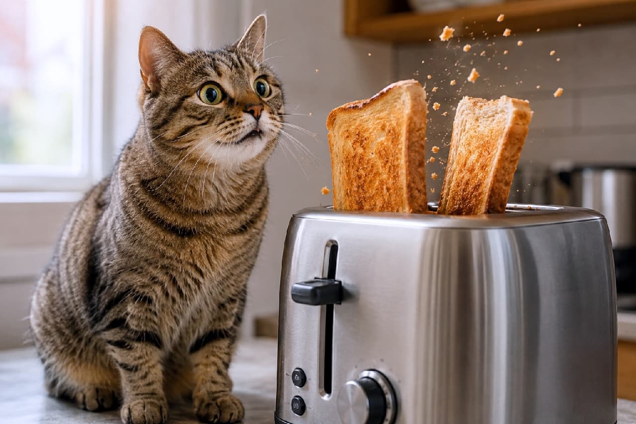「ビクゥッ‼️🙀 朝ごはんの準備中にトースターの反撃にあう猫さん🍞💨 #びっくり猫 #朝の風景」An ultra-realistic high-quality photograph of a wide-eyed tabby cat staring in shock as two slices of bread pop up from a silver toaster, sending crumbs flying into the air. The pristine kitchen setting and the cat's intense expression of surprise and curiosity are captured perfectly. 清潔感のあるキッチンで、シルバーのトースターから勢いよく飛び出し、パンくずが宙を舞う2枚の食パンを、目を真ん丸に見開いて驚きの表情で見つめるキジトラ猫。ピンと張ったヒゲと少し開いた口元が、猫の瞬時の驚きと好奇心を完璧に捉えています