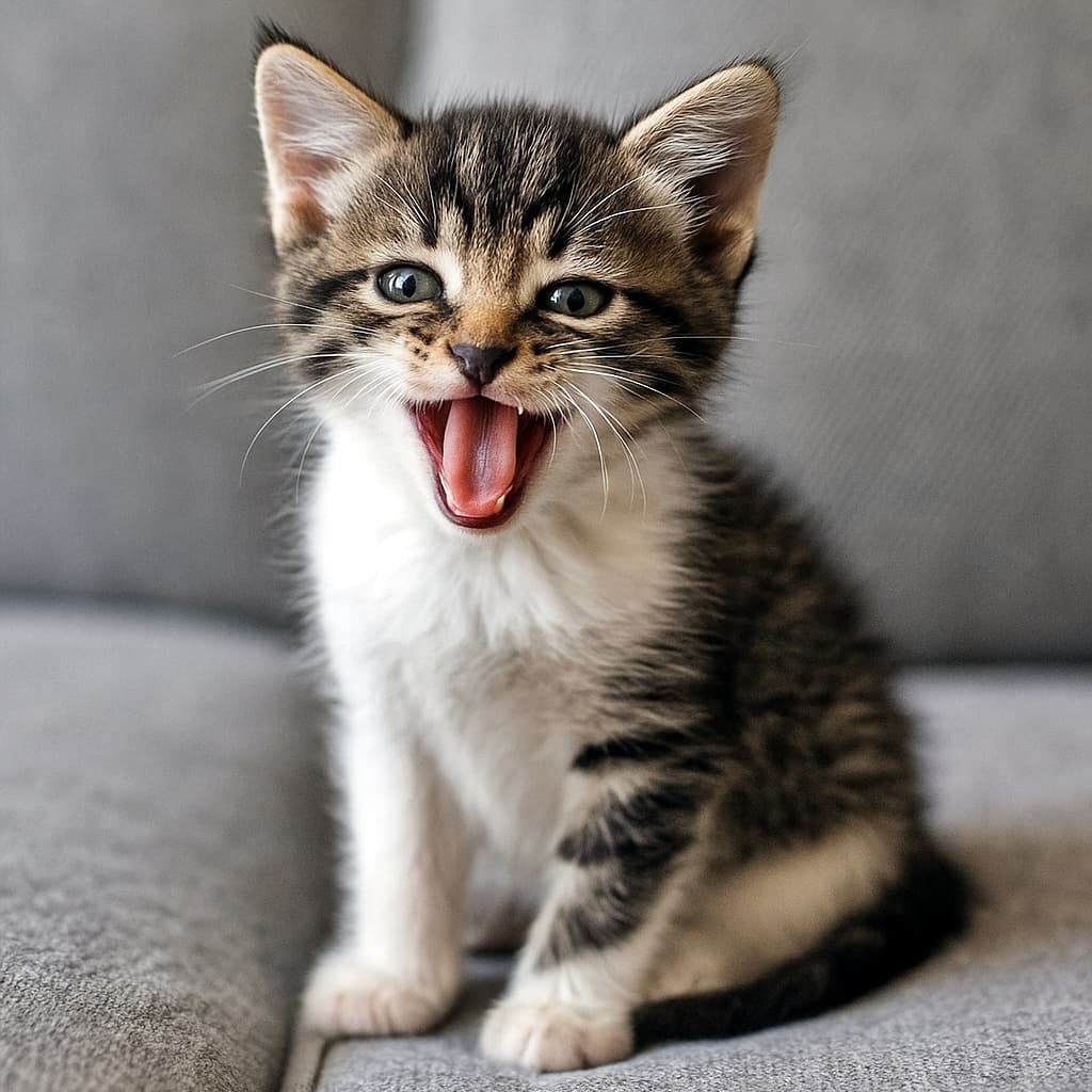 「なにか見つけたのかな?👀✨お口を大きく開けて元気いっぱいなキジ白の子猫ちゃんです🐈💕」An ultra-realistic high-quality photograph of a cute tabby and white kitten sitting on a grey fabric sofa, with its mouth wide open as if meowing loudly or surprised. The image features crisp focus on the kitten's clear eyes, upright ears, and soft fur, with a softly blurred background. グレーのファブリックソファの上に座り、口を大きく開けて元気いっぱいに鳴いている、あるいは驚いているようなキジ白(ブラウンタビー&ホワイト)の子猫。丸く澄んだグリーンの瞳、ピンと立った耳、そして胸元の白い柔らかな被毛が鮮明に描写され、背景のソファが適度にぼやけた高品質なポートレート写真