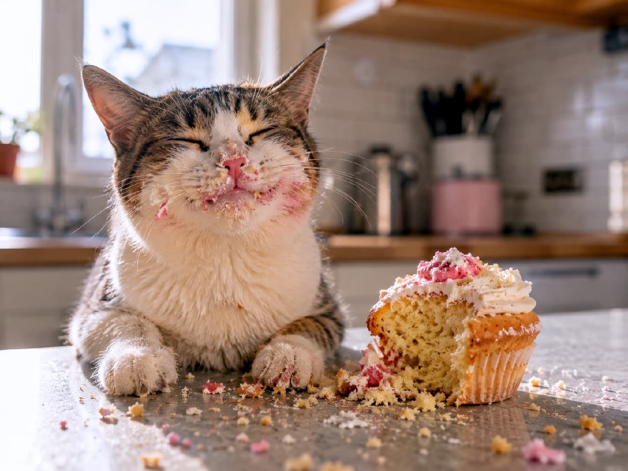 「つまみ食い、バレてないと思ってる?🤤🧁 クリームだらけのお顔がたまらなく愛おしい💕 #猫のいたずら #食いしん坊猫」An ultra-realistic high-quality photograph of a tabby-and-white cat on a sunlit kitchen counter, eyes closed in a blissful smile with pink cupcake frosting smeared all over its face. The half-eaten cupcake and scattered crumbs create a comical and heartwarming everyday scene. 明るい日差しが差し込むキッチンカウンターで、ピンク色のクリームが乗ったカップケーキをかじり、顔中にクリームをつけて目を細めながら至福の笑みを浮かべるキジ白猫。いたずらが成功したような満足げな表情と、散らばったケーキの破片がコミカルで温かい日常を切り取っています