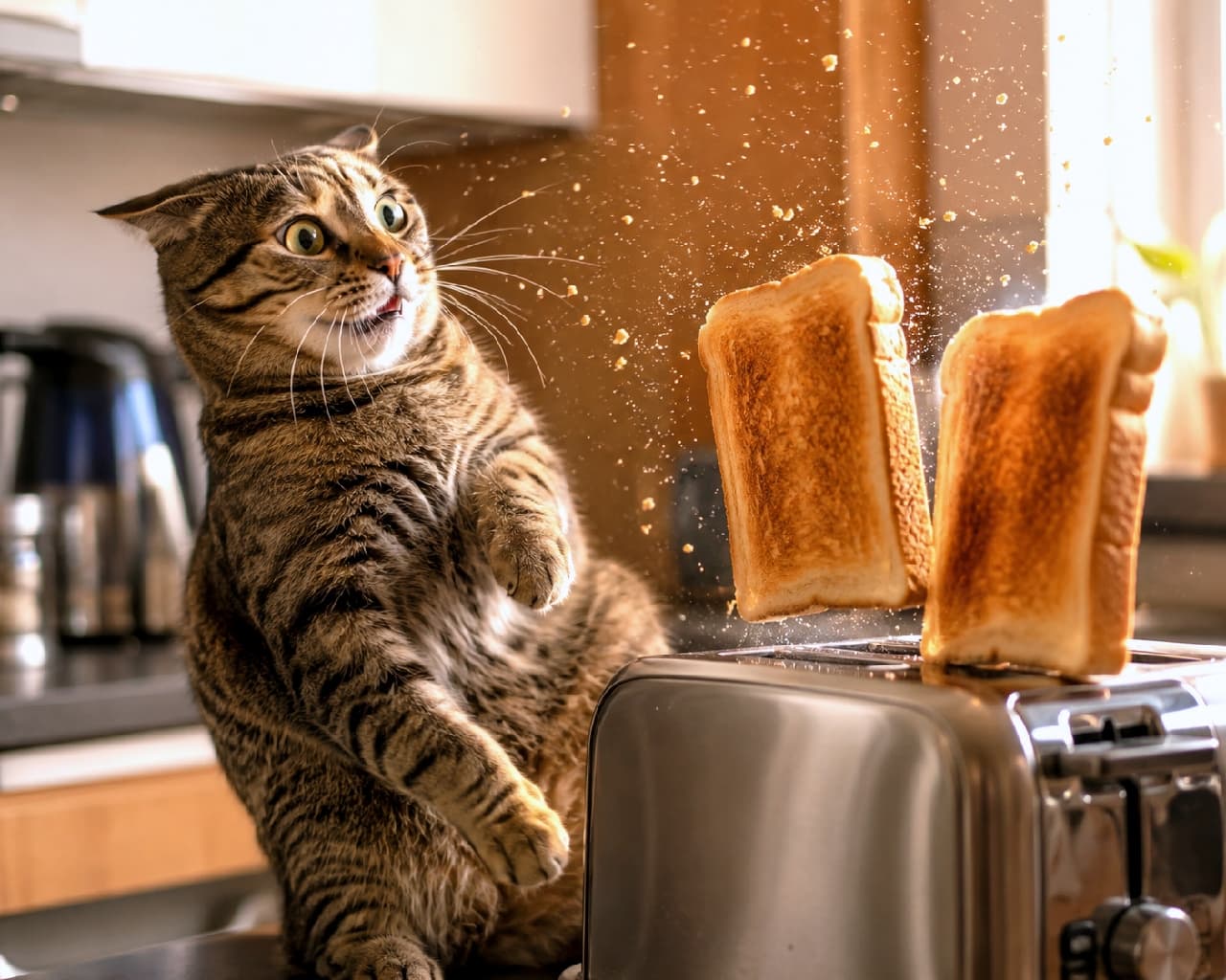 「「危ないニャ!敵の攻撃か!?」腰の引き腰リアクションが愛おしすぎる件について🤣🍞✨」An ultra-realistic high-quality photograph of a tabby cat recoiling in shock from toast leaping dramatically out of a toaster on a dark counter with cinematic lighting. 重厚なダークトーンのキッチンカウンターで、トースターから勢いよく弾け飛ぶトーストとパンくずの衝撃に、「うおっ!」と体を大きくひねってのぞけ反り、前脚を挙げてのけぞるキジトラ猫。ドラマチックなサイド光が猫の美しい毛並みと立体感を際立たせる迫力あるシチュエーション
