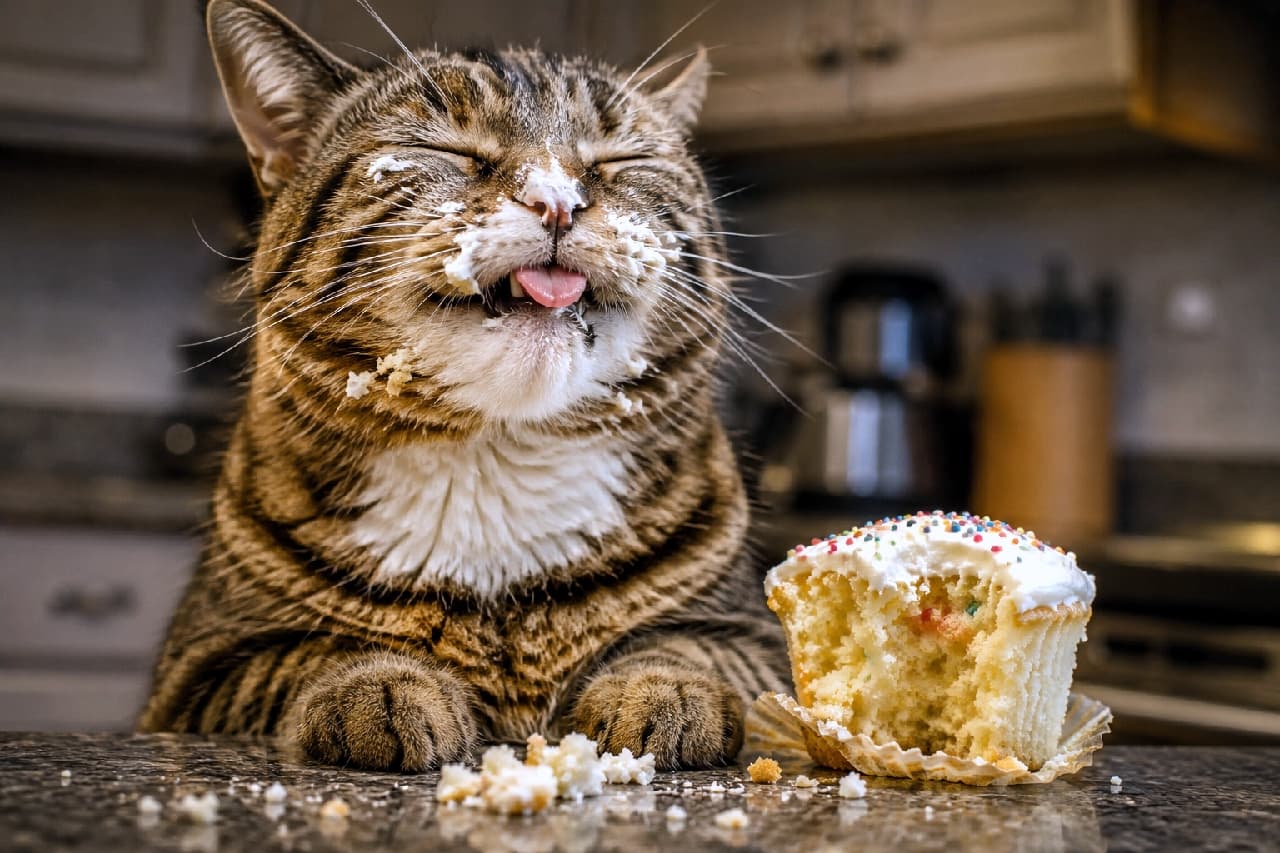 「あ〜美味しかったニャ🐾 証拠隠滅する前に大満足のお顔パシャリ📸✨ #猫スイーツ #至福のひととき」An ultra-realistic high-quality photograph of a tabby cat sticking its tongue out, face covered in white frosting after devouring a colorful sprinkled cupcake. With its eyes squeezed shut in pure bliss, the intricate details of the cream and whiskers are vividly captured against a blurred kitchen background. キッチンを背景に、カラフルなスプレーチョコがかかったカップケーキを堪能し、顔全体に白いクリームをつけながら小さく舌を出して「ペロリ」としているキジトラ猫。目をギュッとつむった至福の表情が非常にリアルで、クリームの質感やヒゲの1本1本まで鮮明に描写されています