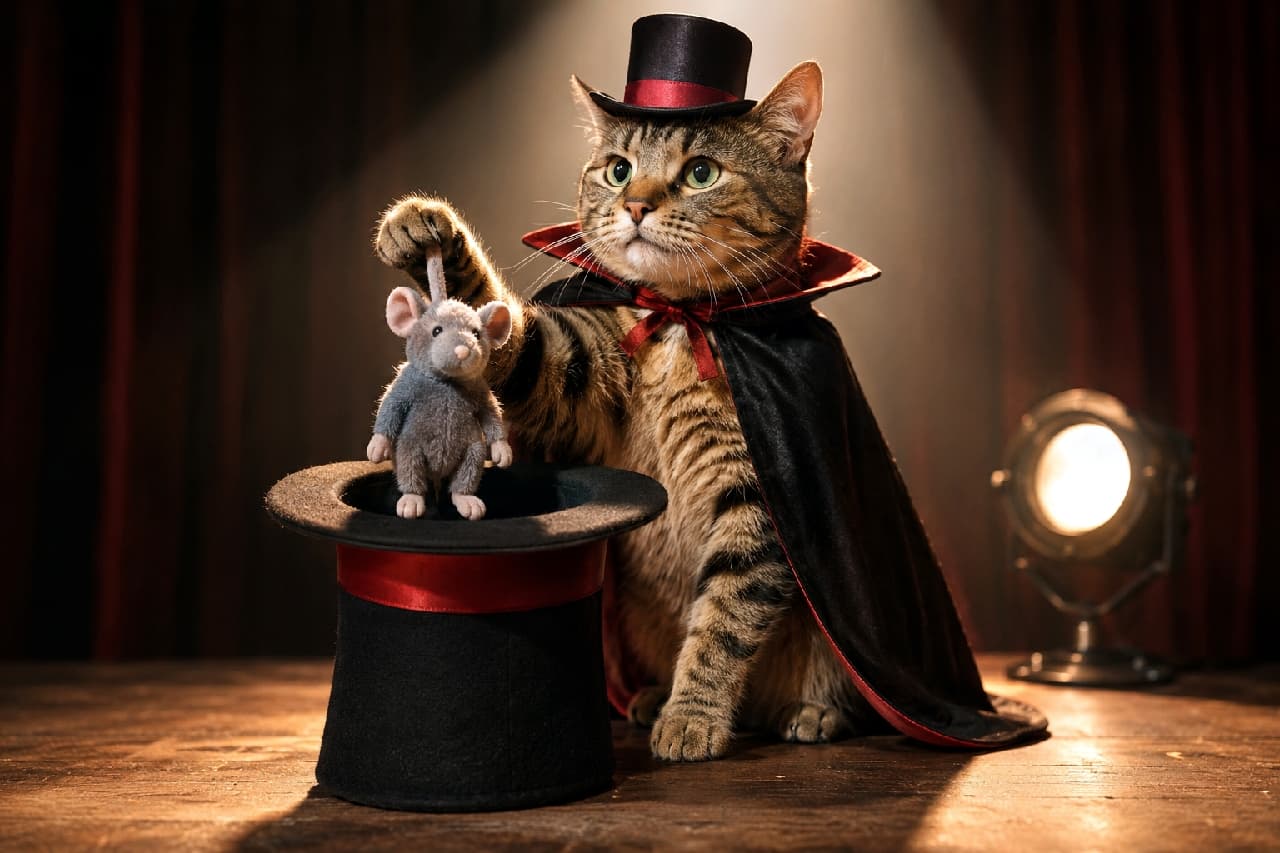 「タネも仕掛けもございニャせん!」名マジシャン猫の華麗なるショーへようこそ🎩🐭✨」An ultra-realistic high-quality photograph of a tabby cat magician in a top hat and cape pulling a stuffed mouse out of a hat on a spotlighted stage. スポットライトが差し込むダークなステージで、赤ラインの入った黒いシルクハットとマントを身にまとい、帽子から手品のようにネズミのぬいぐるみを取り出すキジトラ猫。木製テーブルの質感と背景のアンティーク風照明が演出する、格調高くミステリアスなマジックショーのワンシーン