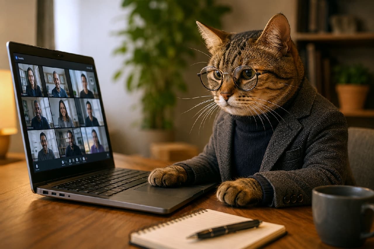 「本日の議題は「ちゅ〜るの配給量増加について」です🐈💻 真面目な顔して会議してるの可愛すぎませんか?😂💕 #猫のいる暮らし #リモートワーク猫」An ultra-realistic high-quality photograph of a tabby cat wearing round glasses, a grey turtleneck, and a jacket, seriously participating in a video conference on a laptop. The screen shows multiple participants, with a notepad, pen, and coffee mug in the foreground, set in a warm home office environment. 丸眼鏡をかけ、グレーのタートルネックとジャケットをスタイリッシュに着こなしたキジトラ猫が、ノートパソコンの画面に向かって真剣な表情でビデオ会議に参加している様子。画面には複数の参加者が映り、手前にはメモ帳とペン、コーヒーカップが置かれた、温かみのある書斎の風景