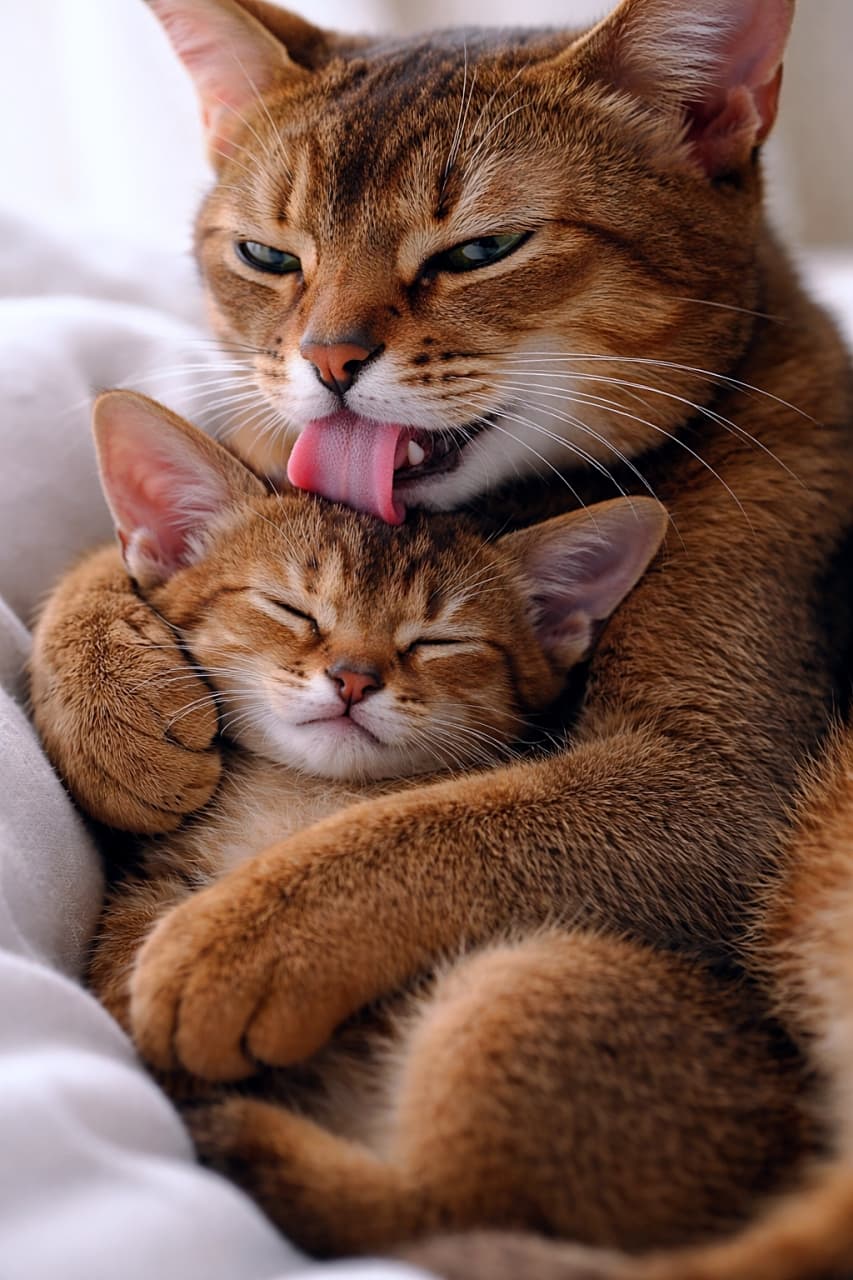 「ぎゅっと抱えてぺろぺろ愛情全開グルーミングタイム🐾✨」Close-up of an adult reddish-brown cat tightly holding a relaxed kitten and licking its forehead, both with short fur resembling Abyssinian cats, resting on soft white fabric in natural light. 赤褐色の短毛の成猫が子猫をしっかり抱きかかえ、おでこを舐めているクローズアップ。白い布の上で自然光に包まれた様子