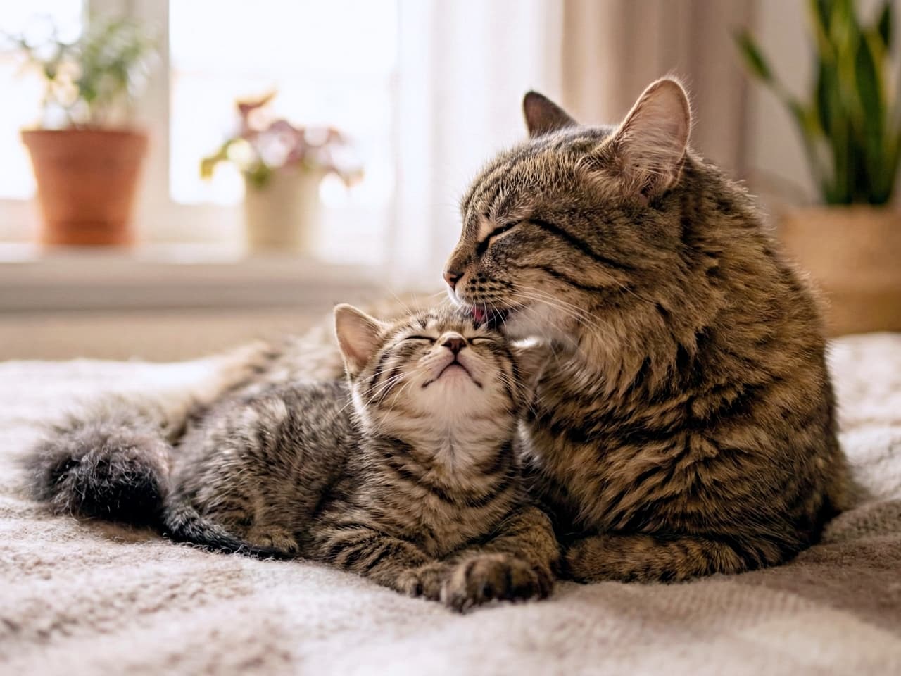 An adult tabby cat gently grooms a smaller kitten on a sunlit bed, licking its head with care. The kitten lies relaxed and content, surrounded by warm light and potted plants on the windowsill. A peaceful, photorealistic moment of feline affection in a cozy room. 日差しの差し込むベッドの上で、成猫の茶トラが子猫の頭を優しく舐めて毛づくろいしている。子猫は安心した様子で横たわり、窓辺には鉢植えが並ぶ。穏やかな室内で描かれた、フォトリアルな猫同士の愛情のひととき