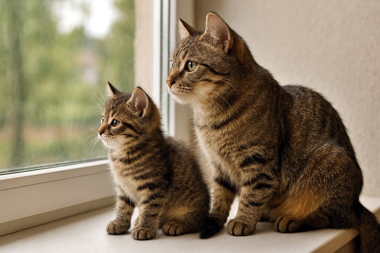 「窓の向こうに夢中なふたりにゃん♪ まったり親子タイム、光もふんわり」A realistic photo of a mother cat and her kitten sitting side by side on a windowsill, gazing outside with soft daylight filtering through. 窓辺に並んで座り、外を見つめる母猫と子猫のリアルな写真。柔らかな自然光が差し込んでいる