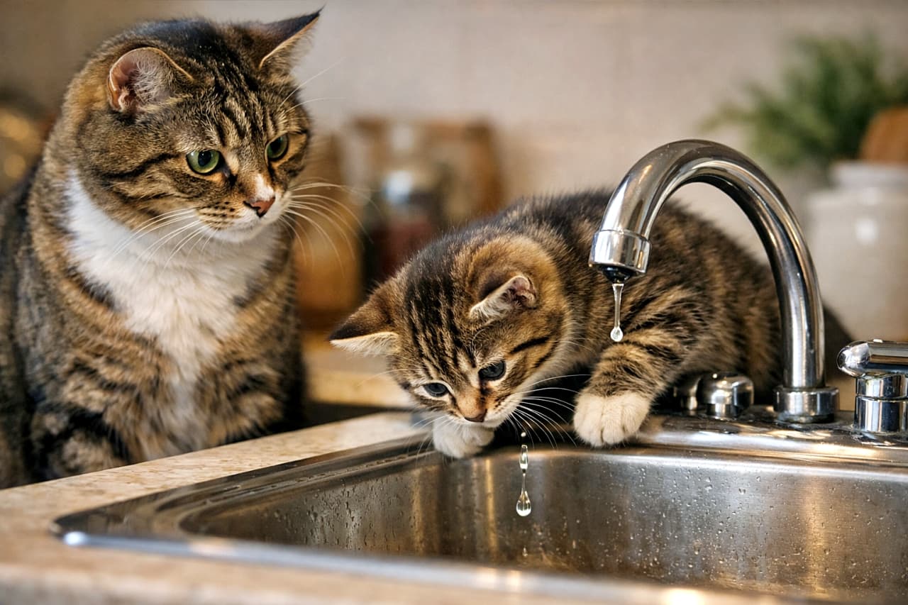 「近い、近い…!水滴観察に夢中な子猫と、心配そうな母のまなざし」A curious kitten leans close to a dripping faucet while its mother cat watches intently beside it. The scene is indoors with soft, natural lighting and a realistic feel. 蛇口から落ちる水滴に顔を近づける子猫と、そのすぐ横で真剣な表情を向ける母猫。室内の柔らかな自然光がリアルさを引き立てる