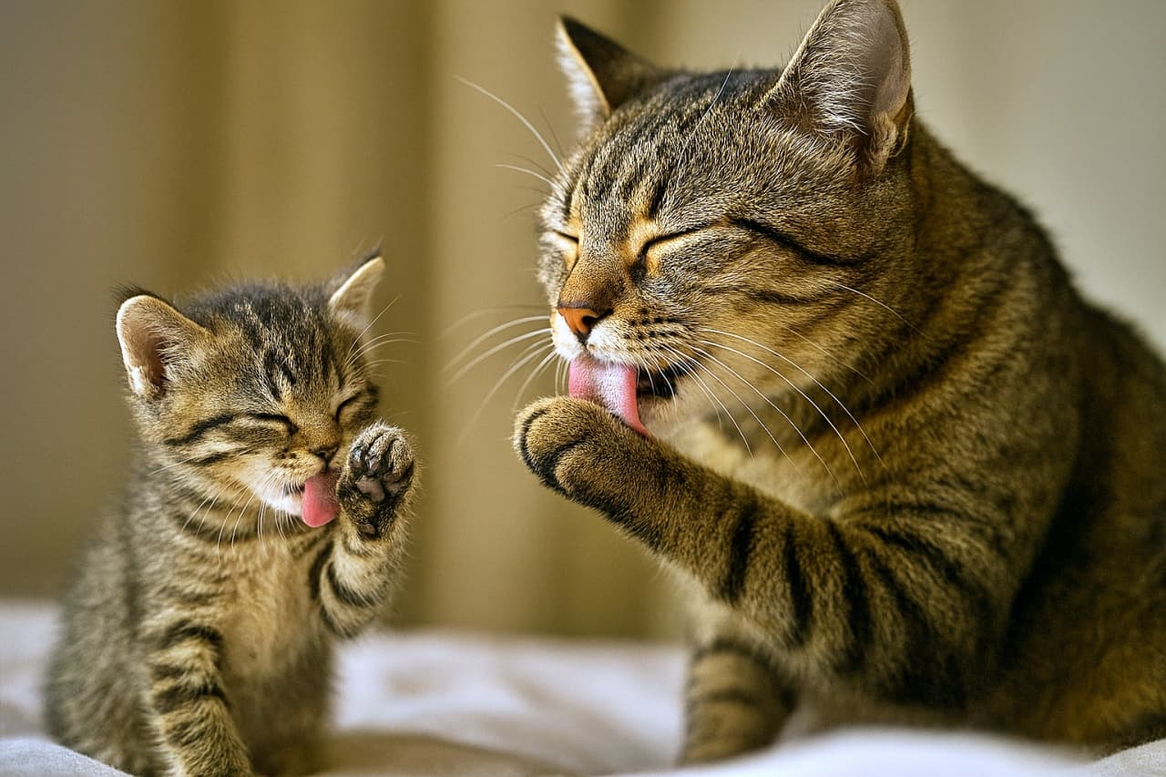 「ママのまねっこ大成功!?シンクロ毛づくろいで親子の絆がふわっと香る!」A high-resolution realistic photo of a mother tabby cat grooming herself by licking her front paw, while her kitten sits beside her mimicking the same movement. Both cats have their eyes closed in a relaxed pose, captured in soft indoor lighting with a horizontal composition. 前足を舐めて毛づくろいするキジトラ母猫の隣で、同じ動きを真似する子猫が並んで座っている高解像度の写実的な写真。両猫とも目を閉じてリラックスした姿で、柔らかな室内光と横構図で撮影されている