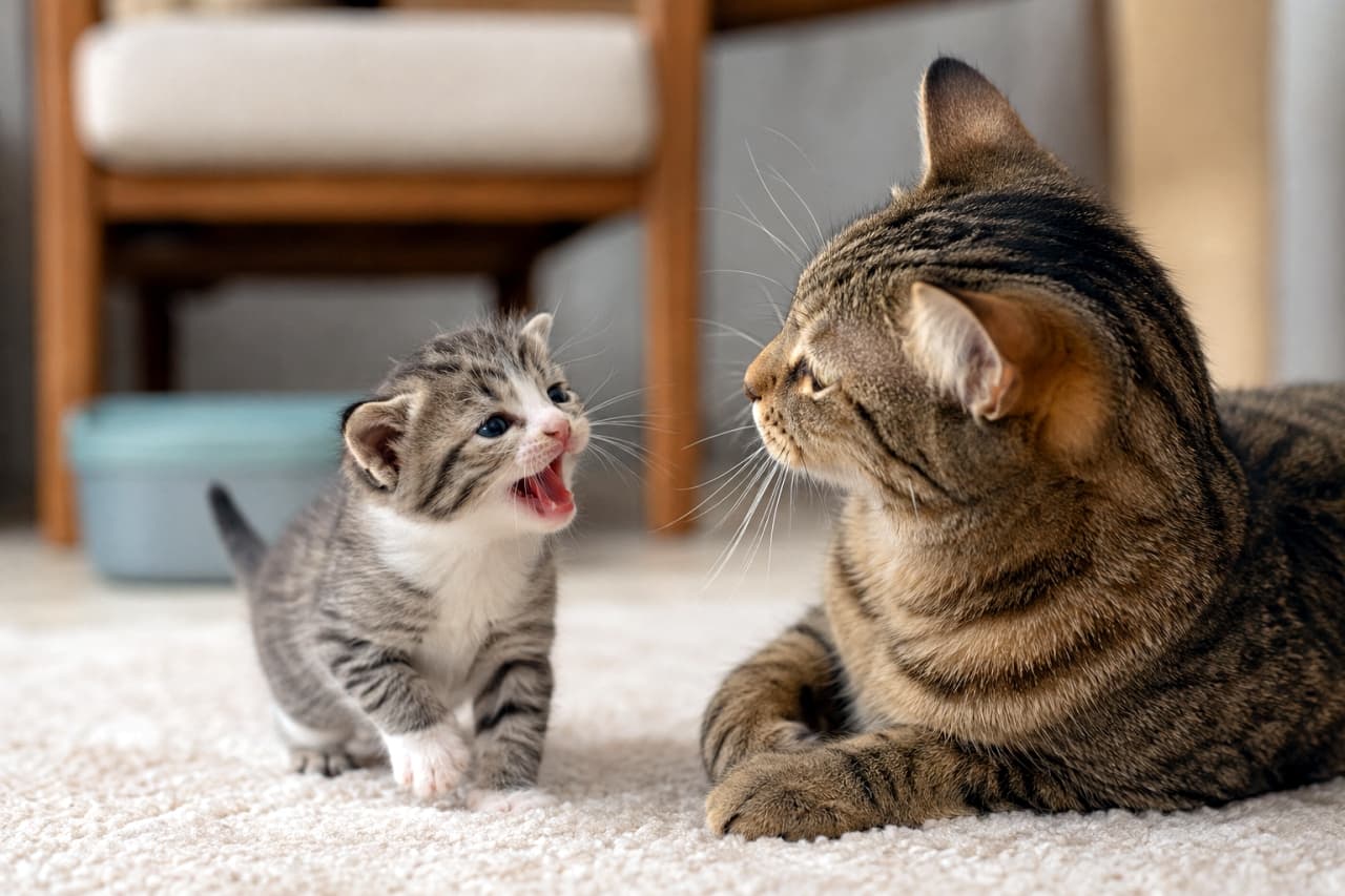 「「ねえねえ、かまって〜！」って一生懸命アピール中🥺母猫ちゃんの優しい眼差しにもほっこり💕 #子猫のいる生活 #親子猫」Ultra-realistic high-quality photograph of a tiny tabby-and-white kitten meowing energetically at its brown tabby mother cat in a cozy home setting, beautifully capturing the soft indoor lighting, detailed fur textures, and tender mother-kitten interaction in a horizontal view. 温かみのある居間で、小さな口を大きく開けて一生懸命鳴きながらかまってアピールをするキジトラ白の赤ちゃん子猫と、それを横になって優しく見つめるキジトラの母猫。柔らかな室内光に照らされたフワフワの短い被毛や小さなピンクの口内、母猫の温かい眼差しが情景豊かに描写された超高画質の横構図写真