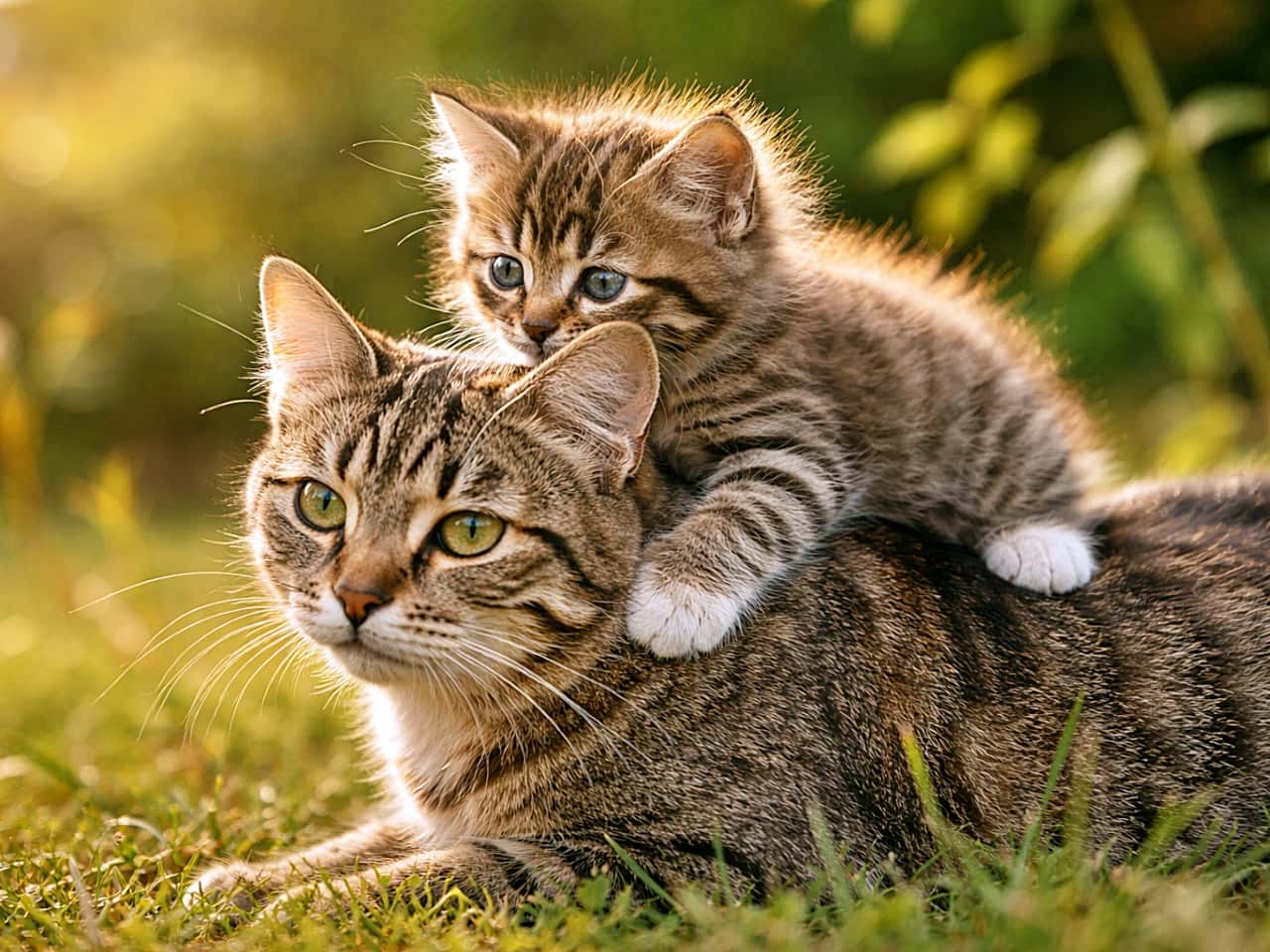 「ママの背中は特等席。よいしょ、よいしょ…甘えんぼ全開の幸せ時間」A kitten climbing onto its mother cat’s back in soft natural daylight, captured in a realistic horizontal photo. 自然光の中で、子猫が母猫の背中によじ登る様子を写したリアルな横構図の写