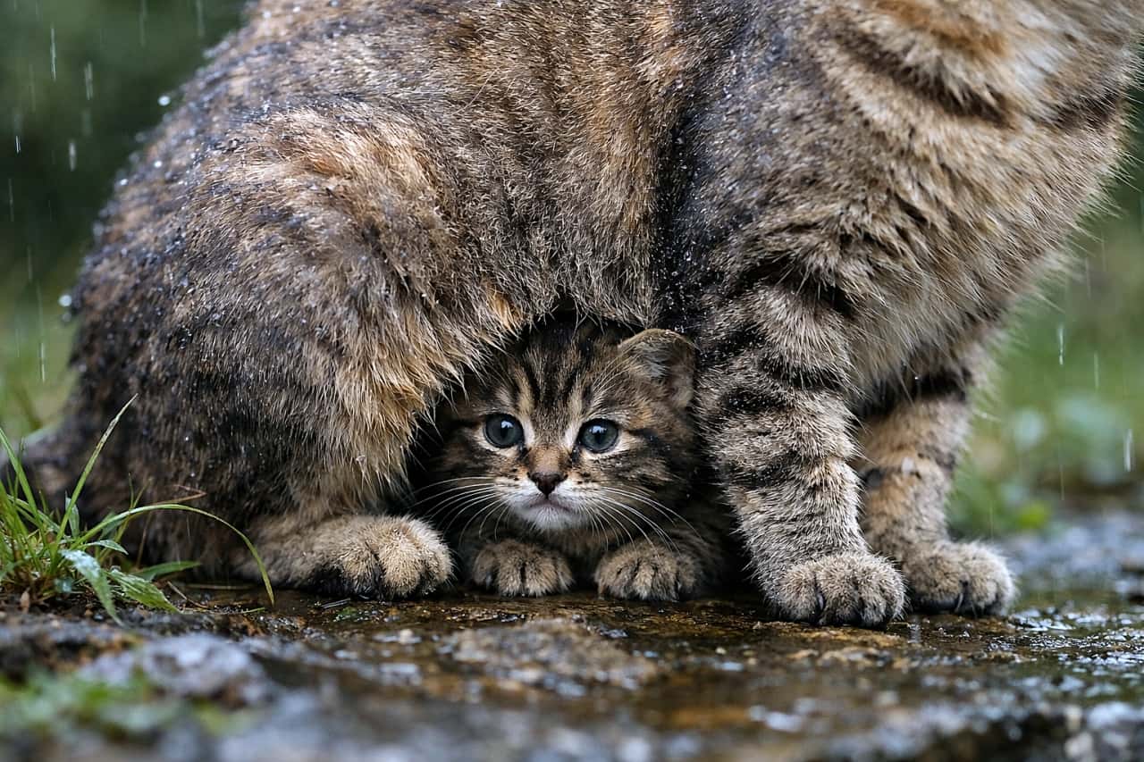 「雨がぽつぽつ降ってきたら、やっぱりママの下がいちばん安心。小さな子猫がちょこんと顔を出す、ほっこり親子の雨宿りシーン」A small tabby kitten hiding beneath its mother cat during a light rain, peeking out safely between her legs while raindrops fall on a wet ground outdoors. 小雨の中、母猫のお腹の下に身を隠しながら顔をのぞかせる小さなキジトラの子猫。濡れた地面の上で雨をしのぐ親子の姿
