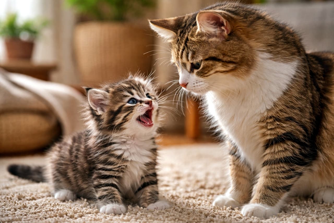 「「ねえねえ!」って全力アピール。母猫の優しいまなざしに、甘え声が止まらない🐾」A realistic photo of a kitten meowing for attention at its mother cat in a cozy home, warm natural light, horizontal composition 居心地のよい室内で、母猫に甘えるように鳴く子猫を捉えたリアルな写真