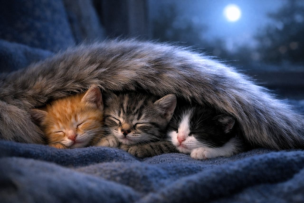 「ママのしっぽは最強のあったか毛布!月明かりの夜、3匹の子猫がぎゅっと集まってすやすや夢の中。見ているだけで心までぽかぽかになる幸せシーンです🐾」Three sleeping kittens cuddled under their mother cat’s fluffy tail like a warm blanket, illuminated by soft moonlight at night. 夜のやわらかな月明かりの中で、母猫のふわふわの尻尾を毛布のようにして寄り添いながら眠る3匹の子猫