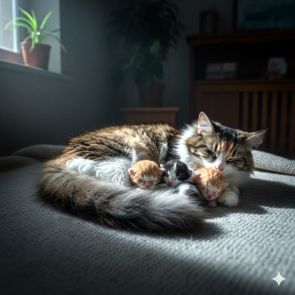 A realistic nighttime scene of a long-haired calico mother cat sleeping on a soft gray blanket, with three newborn kittens—two orange-and-white and one black-and-white—nestled under her tail for warmth. Gentle moonlight from a nearby window highlights their peaceful expressions and the cozy indoor setting, including a potted plant and wooden cabinet in the background. 長毛の三毛猫のお母さんがグレーの柔らかな毛布の上で眠っており、尻尾の下には生まれたばかりの子猫が3匹(茶白2匹と黒白1匹)寄り添って暖を取っている。窓から差し込む柔らかな月明かりが、穏やかな表情と室内の温もりある雰囲気(観葉植物と木製キャビネット)を優しく照らしている