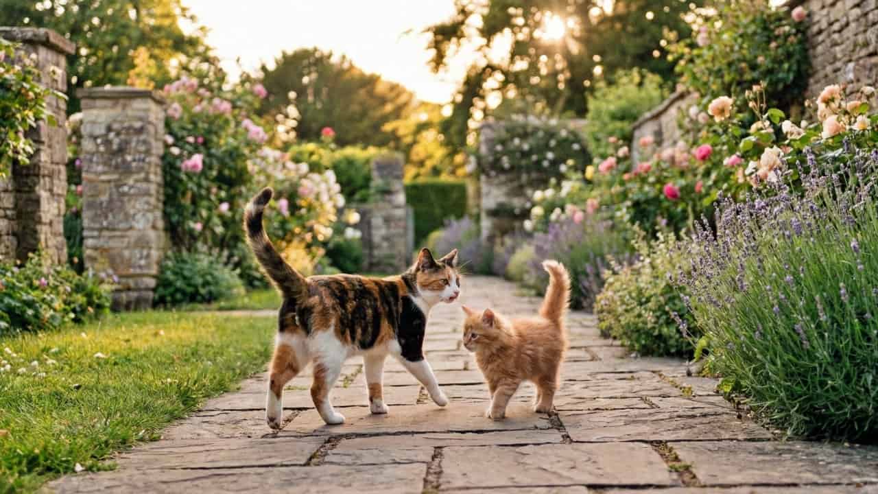 A calico mother cat walks along a stone garden path lined with blooming roses and lavender, while a small orange kitten closely follows behind. Lush greenery and stone walls frame the scene, with warm sunlight filtering through trees to create a serene, charming atmosphere. 三毛の母猫が、咲き誇るバラやラベンダーに縁取られた石畳の庭道を歩き、すぐ後ろを小さなオレンジの子猫が追いかけている。豊かな緑と石壁に囲まれ、木々を透過した柔らかな日差しが穏やかで魅力的な雰囲気を生み出している