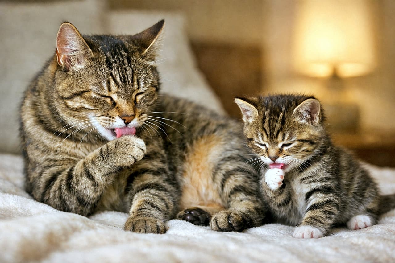 「ママのまねっこが止まらない🐾毛づくろいも一生懸命な、ほっこり親子時間」A mother cat grooming herself on a soft blanket while her kitten imitates her movements beside her, in warm indoor lighting. 柔らかなブランケットの上で毛づくろいをする母猫と、その動きをまねする子猫。暖かい室内光の中の穏やかな光景