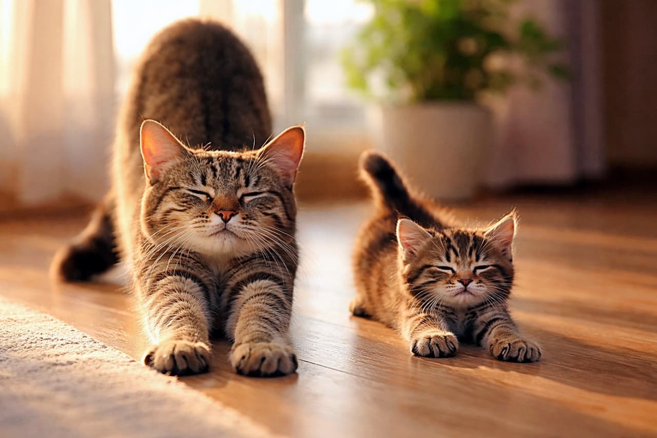 「「ママのまねっこ朝ストレッチ!」やわらかな朝日を浴びながら、母猫と同じポーズでぐ〜っと背伸び。小さな子猫のかわいすぎるモーニングルーティンです🐾✨」A mother tabby cat and her kitten stretching side by side on a sunlit wooden floor, the kitten adorably imitating its mother during a calm morning moment. 朝日が差し込む木の床の上で、母猫と並んで背伸びをする子猫。母猫の動きをまねする愛らしい朝のひととき