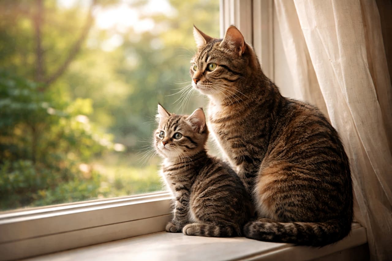 「窓辺で並んで外を眺める母と子。同じ景色、同じ時間、ちょっと特別な午後」A mother cat and her kitten sit side by side on a windowsill, quietly gazing outside in soft daylight. 窓辺に並んで座り、やわらかな日差しの中で外を見つめる母猫と子猫
