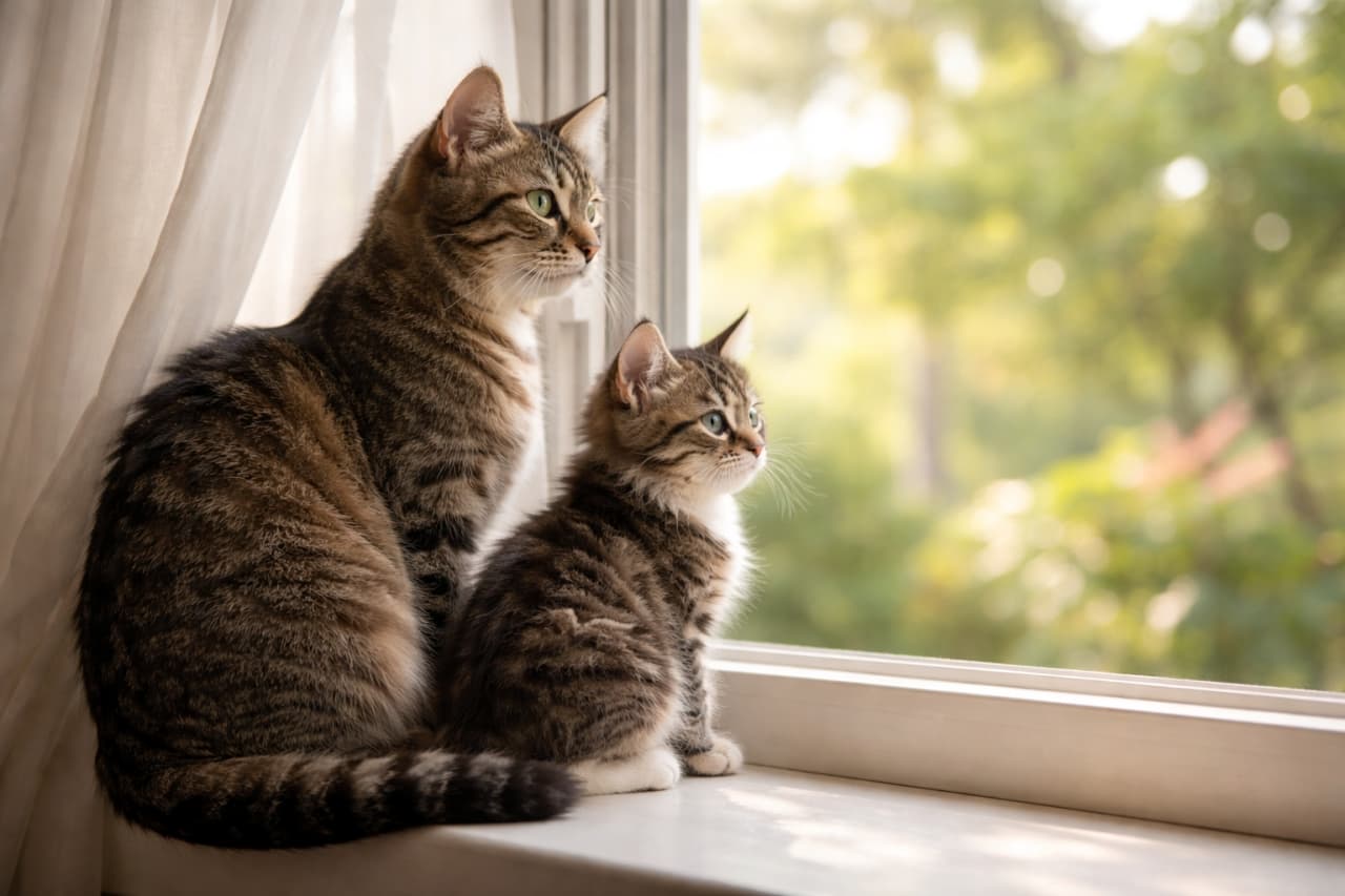 「同じ景色、同じ時間。窓辺で並んで世界を眺める、母と子の静かな午後🐾」A mother cat and her kitten sitting side by side on a windowsill, softly lit by daylight, gazing outside together in a calm, tender moment. 柔らかな自然光が差し込む窓辺で、並んで外を見つめる母猫と子猫の穏やかなひととき