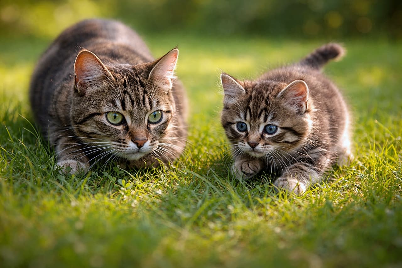 「ママの動きをじーっと観察して完全コピー!草むらでこっそり狩りの練習中の子猫、ちょっと得意げな表情がたまらない瞬間🐾」Mother cat crouching playfully in the grass while her kitten mimics hunting behavior beside her, both focused and alert in soft natural daylight. 草むらで遊びながら身を低くして狩りの姿勢をとる母猫と、その動きをまねしてハンティングごっこをする子猫の様子。柔らかな自然光の中のワンシーン