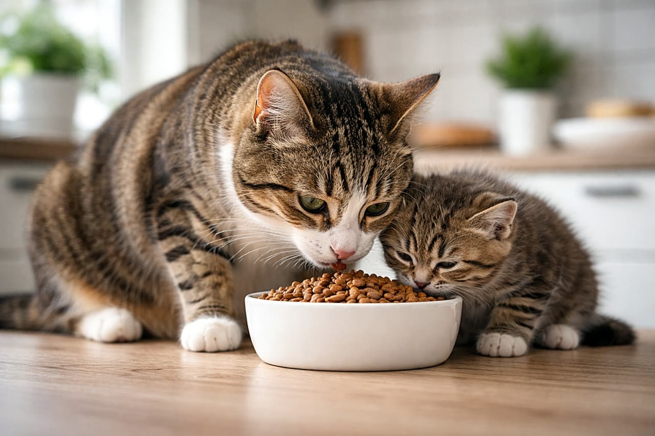 「ママのまねっこで一緒にごはん♪同じお皿に顔を寄せてモグモグする母猫と子猫。仲良しすぎる食事タイムに思わずほっこり!🐾」Mother tabby cat and her kitten eating together from the same bowl in a bright kitchen, realistic high-resolution photo, horizontal composition. 明るいキッチンで同じ器から仲良くごはんを食べる母猫と子猫の様子を捉えたリアルな高解像度写真