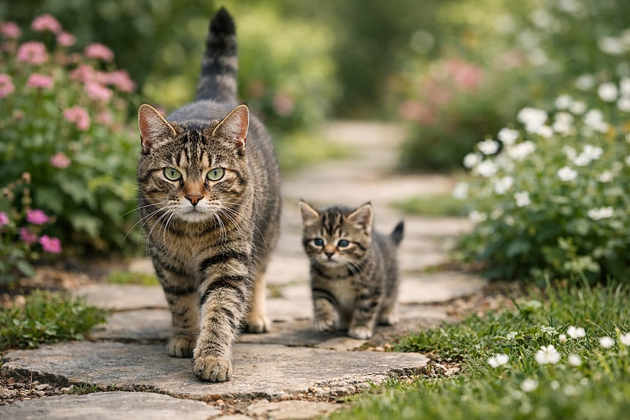 「「ママ待って〜!」小さな子猫が一生懸命あとを追いかけるお庭のお散歩タイム。頼もしい母猫と、ちょこちょこ歩く姿がたまらなく愛おしい瞬間です🐾」A mother tabby cat walking confidently along a garden stone path with her small kitten closely following behind, surrounded by flowers and soft blurred greenery in natural daylight. 庭の石畳の小道を歩く母猫のキジトラと、その後ろをちょこちょこ追いかける子猫。花と緑に囲まれたやわらかな自然光の風景