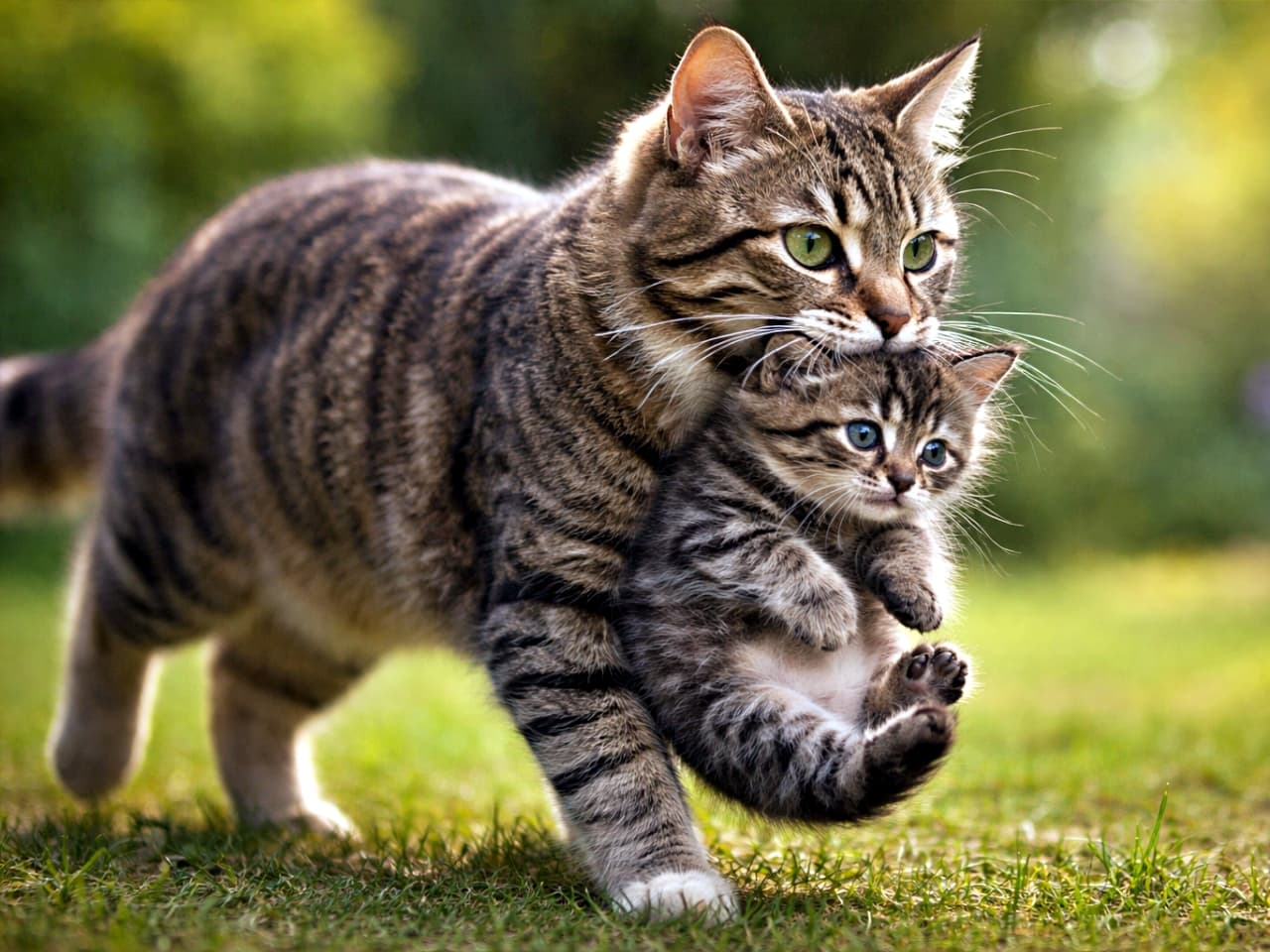 「お引っ越し中のママ猫🐾大切そうに運ばれる子猫の姿に、思わずほっこり✨」A realistic outdoor photo of a mother cat carrying her kitten gently by the scruff while walking, captured mid-motion in soft natural light, horizontal composition. 屋外のやわらかな自然光の中、母猫が子猫の首元をくわえて運ぶ瞬間を捉えた横構図のリアルな写真