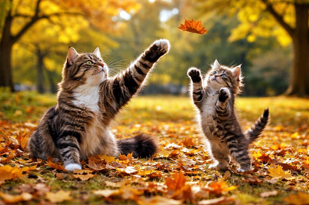 「秋の落ち葉が最高のおもちゃ🍁母猫のひと振りに、子猫が全力ジャンプ!」A realistic outdoor photo of a mother cat playfully flicking an autumn leaf while her kitten jumps up to catch it, surrounded by fallen leaves in a warm autumn setting. 秋の屋外で、母猫が落ち葉を弾き、子猫がジャンプして追いかける様子を写したリアルな写真。周囲には色づいた落ち葉が広がっている