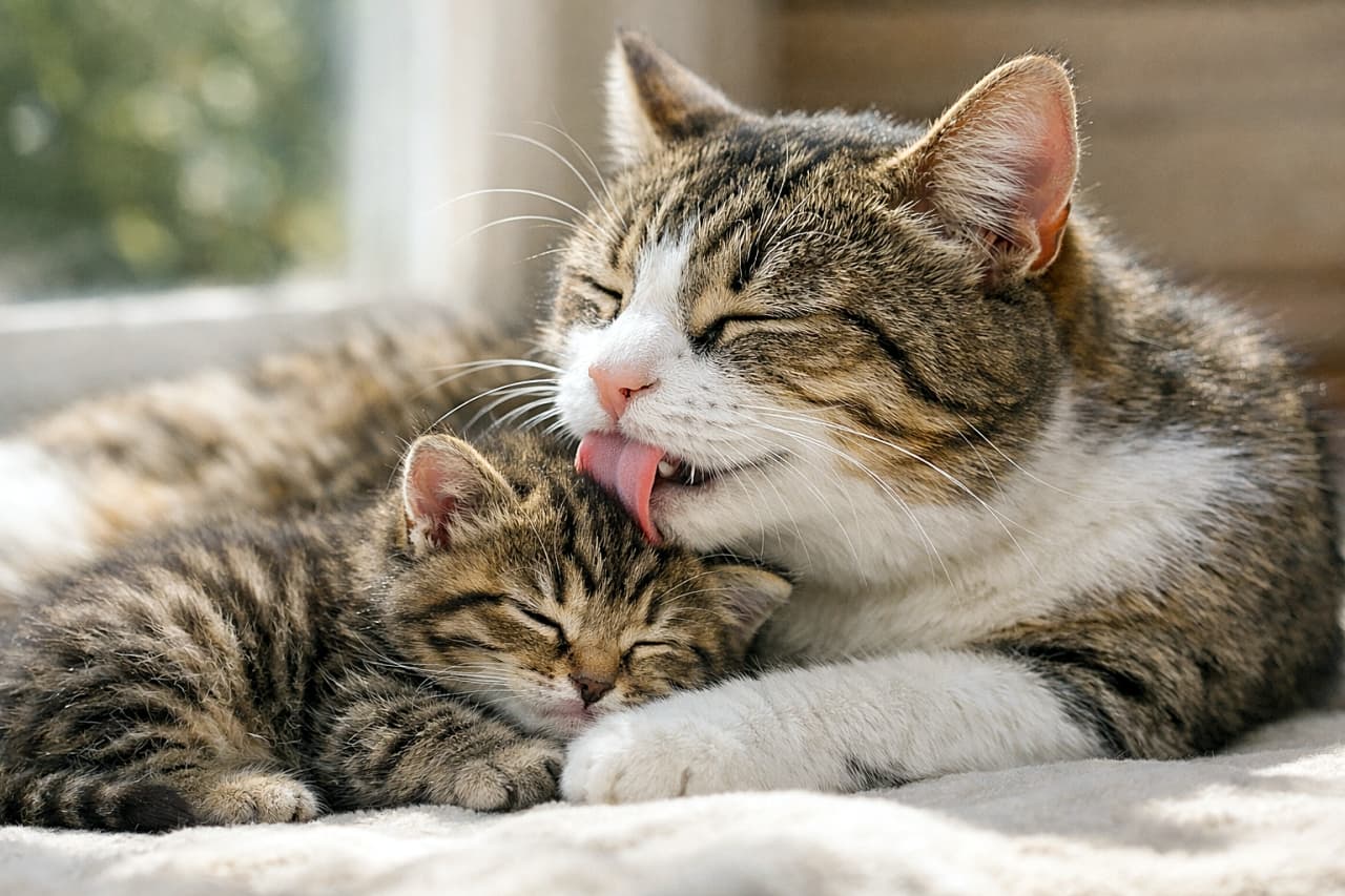 「ぺろり、ぬくぬく。日だまりで続く母猫の愛情タイム」A mother cat gently licking her sleeping kitten while lying together in a sunny spot, captured in soft natural light. 日だまりで寄り添い、眠る子猫をやさしく舐める母猫の様子