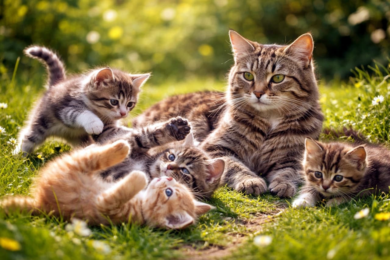 「ころころ転がる子猫たちと、すべてを包む母のまなざし。芝生の上に広がる、しあわせの昼下がり」A calm mother cat resting on grass while her playful kittens tumble and play beside her outdoors in natural sunlight 芝生の上で穏やかに見守る母猫のそばで、子猫たちがじゃれ合って転がっている屋外の風景