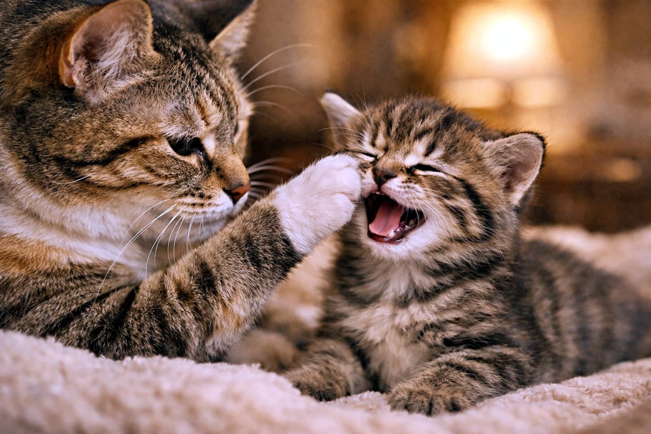 「「だいじょうぶ?」そんな声が聞こえてきそうな、母猫のやさしい前足タッチ🐾見ているだけで心がほどけます」A mother cat gently touches her meowing kitten’s face with her paw in a warm, cozy indoor setting. 室内のあたたかな光の中で、母猫が鳴く子猫の顔にそっと前足を触れる微笑ましい瞬間