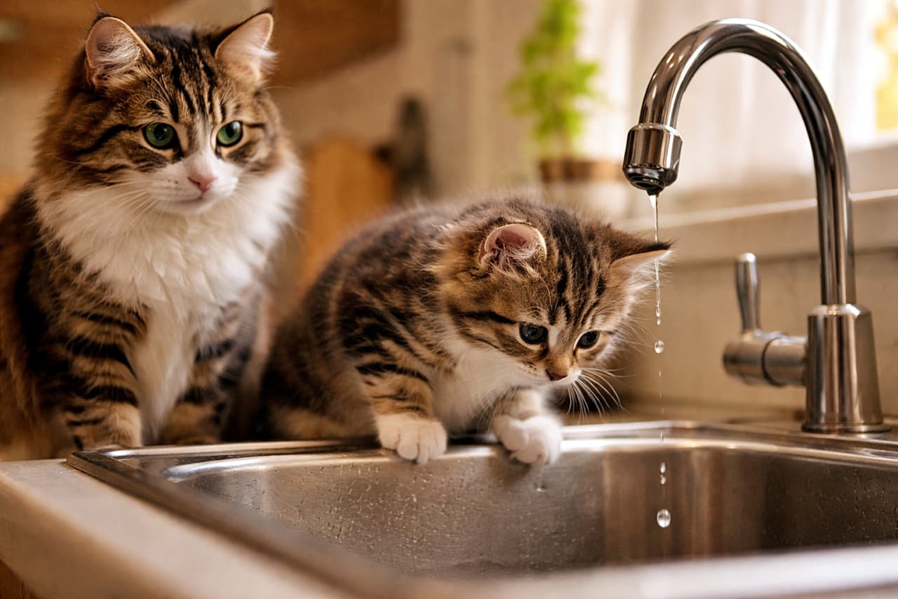 「ポタ…ポタ…初めての水滴に前のめり。母は一歩引いて見守り中🐾」A mother cat watches calmly as her curious kitten leans over a kitchen sink, staring at dripping water. Soft indoor lighting creates a warm, realistic atmosphere. キッチンのシンクで水滴をじっと見つめる子猫を、後ろから静かに見守る母猫。室内の柔らかな光が温かい雰囲気を演出している