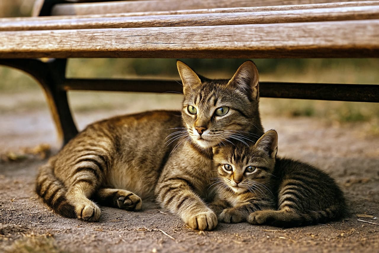 「ベンチの下、世界は静か。子猫のそばで目を離さない母のまなざしが、いちばんの安心」A realistic photo of a tabby mother cat resting under a wooden park bench, watching over her kitten as they lie close together in calm evening light. 夕方の穏やかな光の中、公園の木製ベンチの下で子猫を見守るように寄り添って横たわる母猫のリアルな写真