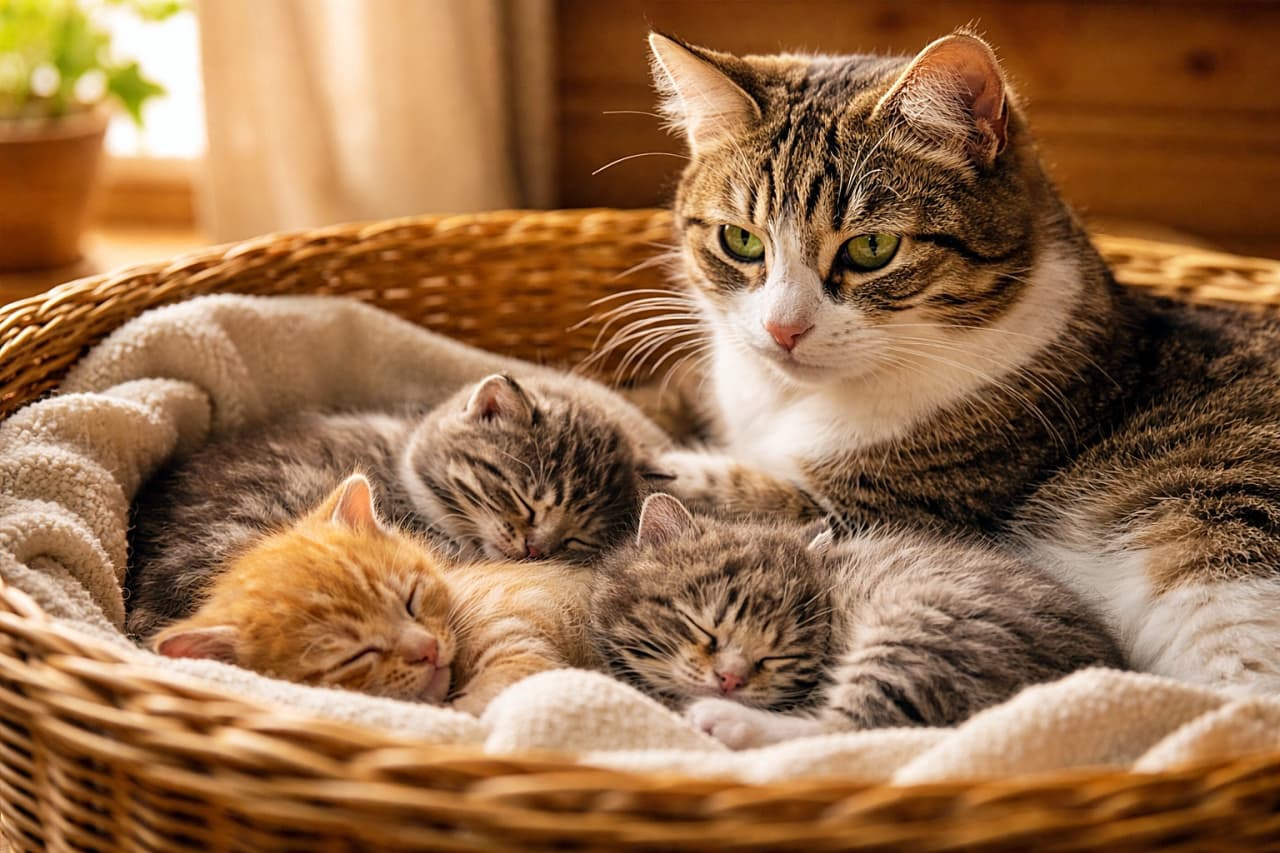 「ぬくもり満点のかごの中。今日もママのまなざしが、いちばんの安心です」A mother cat watching over her sleeping kittens curled up together in a woven basket, bathed in warm natural light. 編みかごの中で寄り添って眠る子猫たちを、やさしく見守る母猫。暖かな自然光に包まれた光景