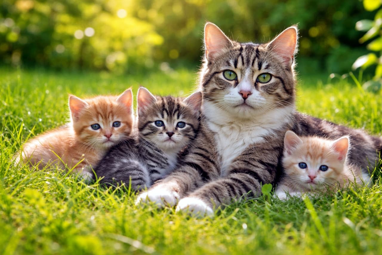 「夏の草原でひと休み。母猫のぬくもりに包まれて、子猫たちものんびり幸せ時間☀️🐾」A realistic high-resolution photo of a mother cat resting in green grass with her kittens on a bright summer day, wide horizontal composition. 明るい夏の日、青々とした草の上で子猫たちと寄り添ってくつろぐ母猫の様子を写した高解像度の横長写真