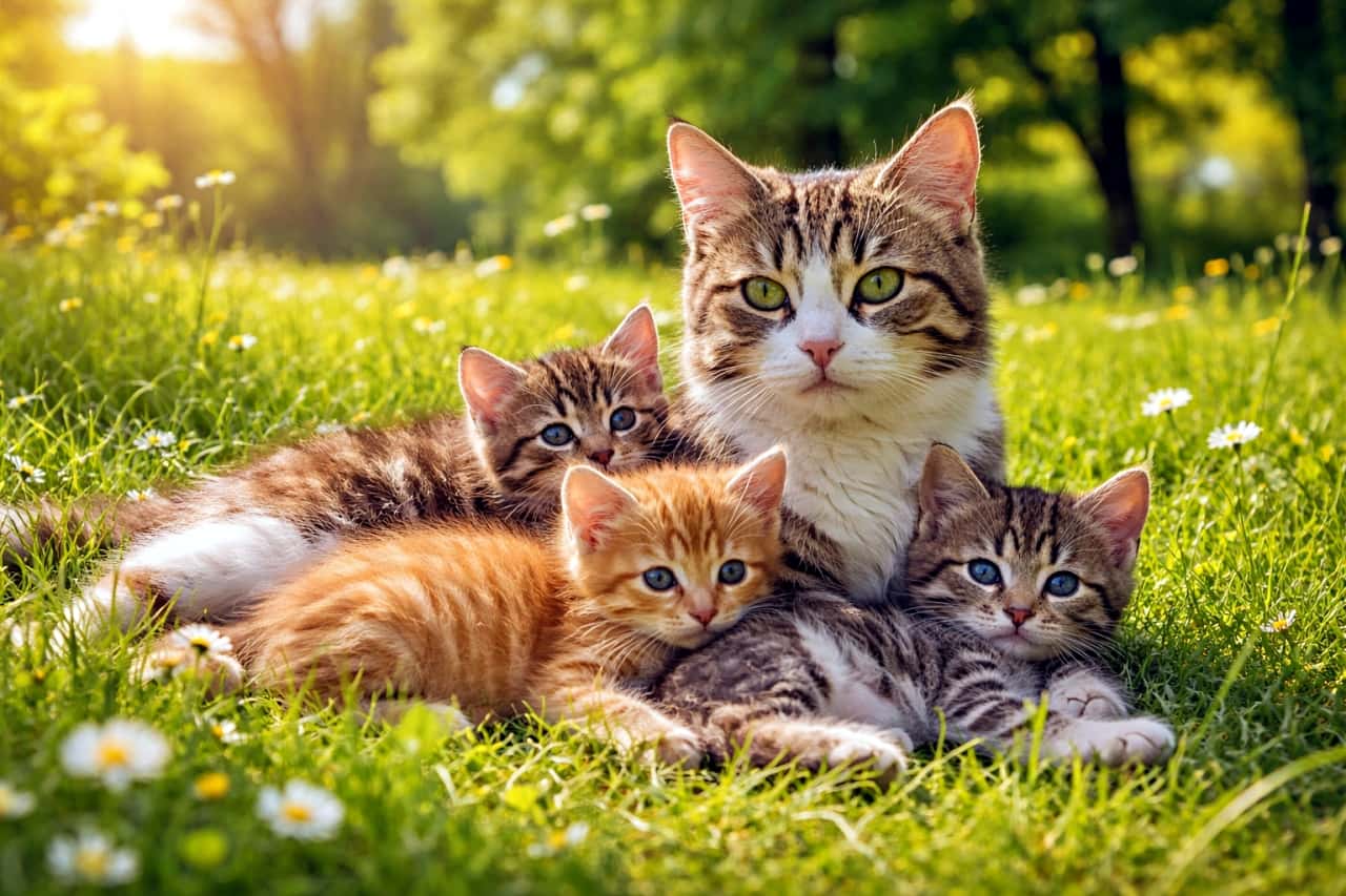 「夏の草原でひと休み。お母さん猫に守られて、子猫たちは今日も安心そのもの☀️🐾」A mother cat resting in green grass with her kittens on a bright summer day, wide horizontal shot, realistic photograph. 夏の晴れた日に、青々とした草の上で子猫たちと寄り添ってくつろぐ母猫の様子(横長構図のリアルな写真)