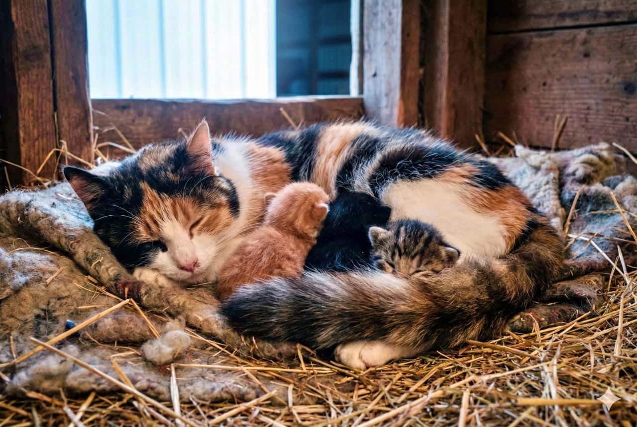 A peaceful barn scene at night showing a calico mother cat curled protectively around her sleeping kittens. Nestled under her tail, the kittens rest in warmth and safety, bathed in soft moonlight. The straw-covered floor and wooden walls evoke a quiet, rustic atmosphere. 夜の納屋で、三毛猫の母猫が眠る子猫たちをしっぽで包み込むように丸くなっている静かな情景。子猫たちは母猫のしっぽの下でぬくもりと安心感に包まれ、柔らかな月明かりに照らされて眠っている。藁敷きの床と木の壁が、素朴で静寂な雰囲気を醸し出している