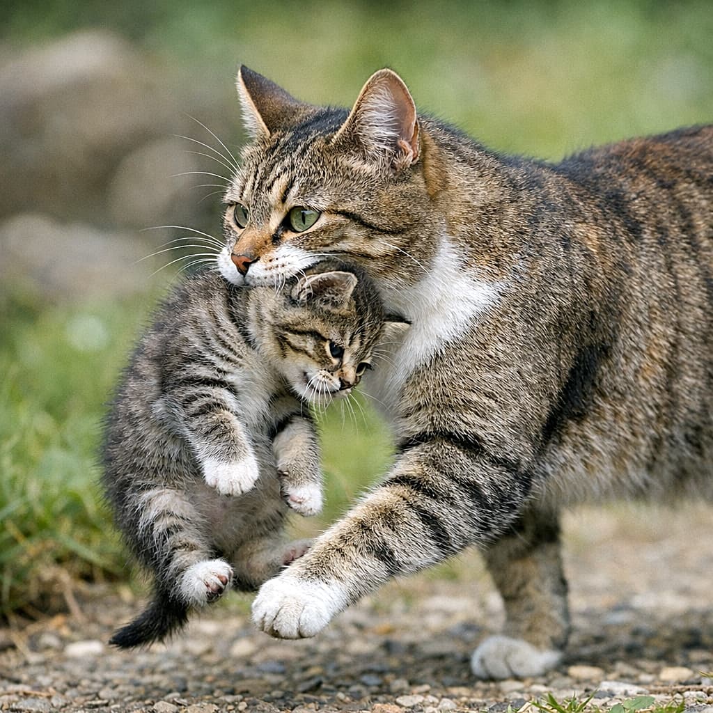 「しっかりくわえて離さないよ!白い靴下がキュートなキジ白親子、砂利道を力強く進む🐾✨」A detailed shot of a brown tabby and white mother cat carrying her kitten by the scruff, walking on a gravel path under soft light. 柔らかな光の下、砂利道で子猫の首筋をくわえて運んでいるキジトラ白(足先などが白い)の母猫