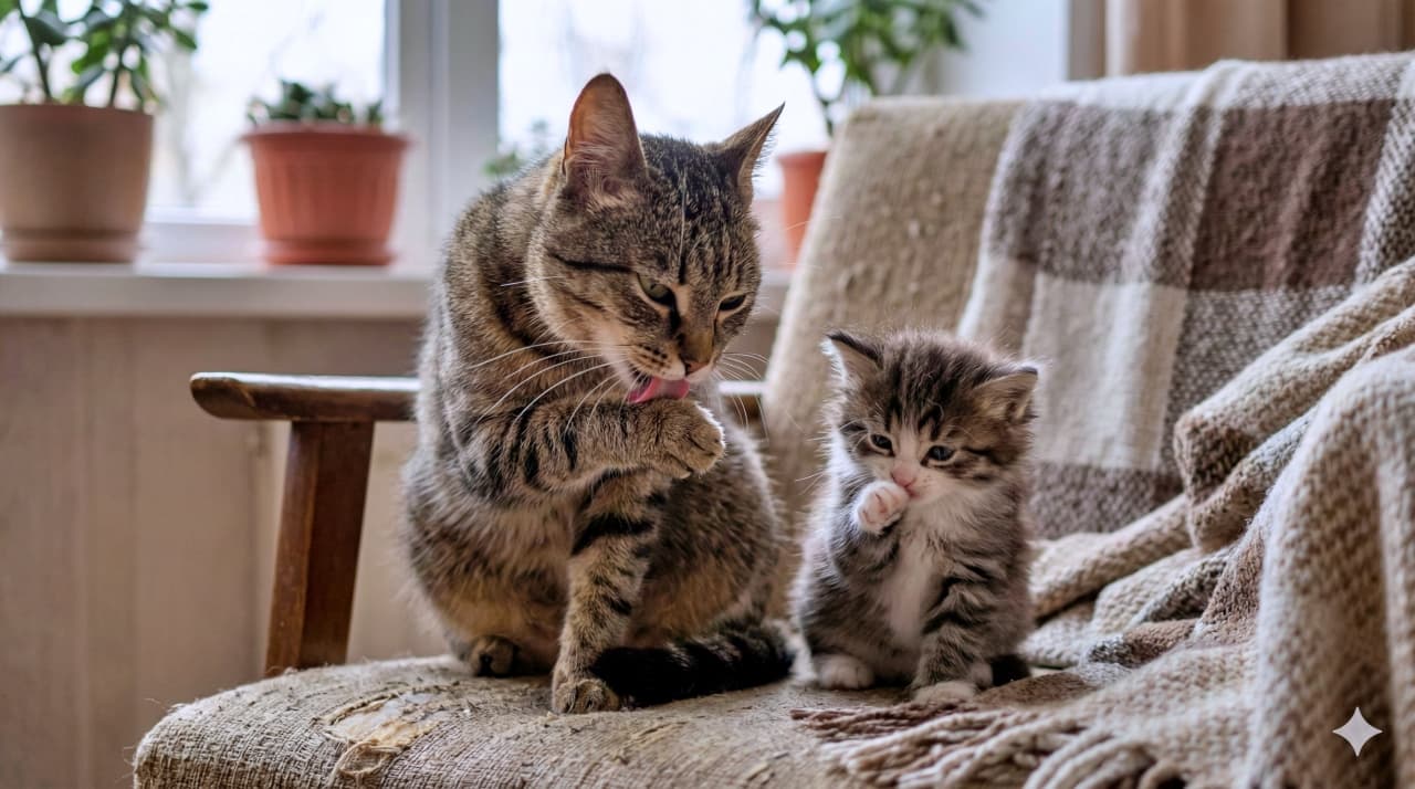 「ママのまねっこ上手でしょ?窓辺で仲良く毛づくろい中の猫ちゃん親子に癒される〜!」A high-resolution photograph captures a tabby mother cat licking her paw while her small kitten sits beside her on a worn armchair, mimicking the grooming action, all under soft indoor light from a window. 窓辺の古い肘掛け椅子で、前足をグルーミングする母キジ猫と、その隣で同じ動作を一生懸命真似ている小さな子猫の様子を捉えた高解像度の写真