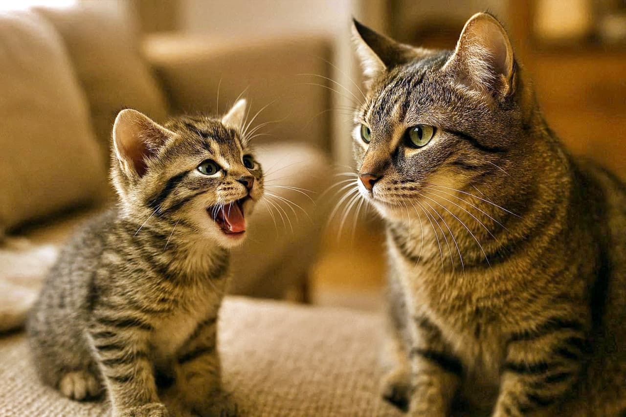 「「ママ聞いて!」元気いっぱいの子猫と冷静な親猫、ソファでまったりトークタイム🎤🐾」A tabby kitten with its mouth open sits beside an adult tabby cat on a beige couch, appearing to vocalize while the adult cat looks on calmly. ベージュのソファに座るトラ猫の子猫が口を開けて鳴いており、隣の親猫が穏やかに見守っている様子