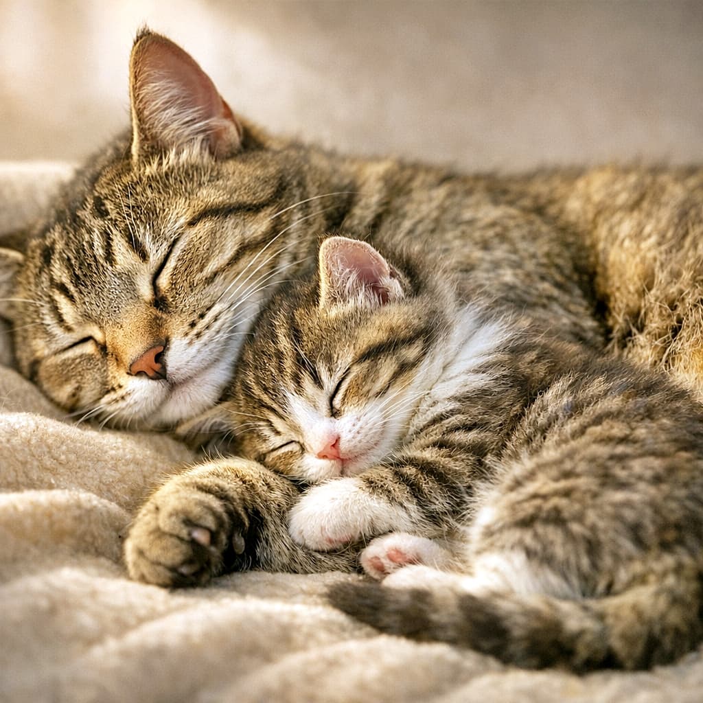 「柄も寝顔もそっくり!ふわふわ毛布に埋もれてギュッ♡どっちがママかわからないくらいの仲良し親子」Close-up of a brown tabby mother cat and her matching tiny tabby kitten sleeping cheek-to-cheek on a soft beige blanket, bathed in warm, gentle light. 柔らかなベージュの毛布の上で、キジトラの母猫とそっくりな柄の子猫が、顔をぴったりと寄せ合って気持ちよさそうに眠っているクローズアップ