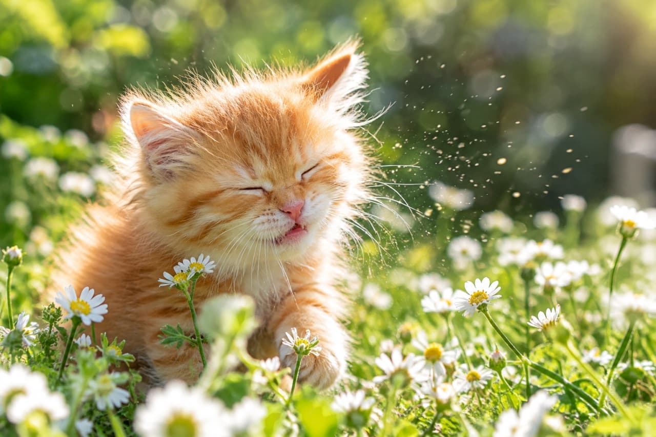 「へ、へっ、くしゅん！🤧 お花畑でくしゃみが出ちゃった茶トラ子猫、愛おしさ100倍🌻 #猫のいる暮らし #子猫 #茶トラ #にゃんすたぐらむ」Ultra-realistic high-quality photograph capturing a vibrant orange tabby (cha-tora) kitten sitting among a field of white daisy flowers. The kitten is squinting and scrunching its face, about to sneeze. White pollen particles dance in the warm sunlight around it. The kitten's fluffy fur and tiny paw are sharply in focus against the floral background. 満開の白いデイジーの花畑に座る、鮮やかなオレンジタビー（茶トラ）の子猫。目を細めて鼻をくしゃっとさせ、今にもくしゃみをしそうな瞬間が捉えられている。周囲の空気中には、太陽光を浴びて舞う花粉の粒子が白く光っている。ふわふわの被毛と小さな肉球がデイジーの花々の中で際立っている