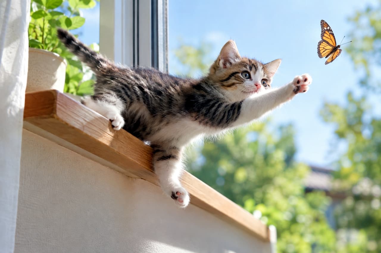「捕まえるにゃ！💨 窓辺で蝶々に大ジャンプを見せる元気いっぱいの子猫ちゃん🦋子猫の無邪気さと一瞬のスリルが詰まった、まさに物語のワンシーン #猫の遊び #子猫 #キジ白」Ultra-realistic high-quality photograph capturing a dynamic moment of a brown tabby and white kitten jumping on a windowsill to catch a flying monarch butterfly. The kitten is extending its right front paw, focused intently on the butterfly. Bright natural light illuminates the scene, with a clear blue sky and lush green trees in the background. 晴れた日の窓辺で、飛んでいるオオカバマダラ（蝶）を捕まえようと躍動感あふれるジャンプをするブラウンタビー＆ホワイトの子猫。窓枠から身を乗り出し、右前足を大きく伸ばしている。集中した瞳が蝶を見つめ、背景の青空と緑豊かな木々が明るい光に照らされている