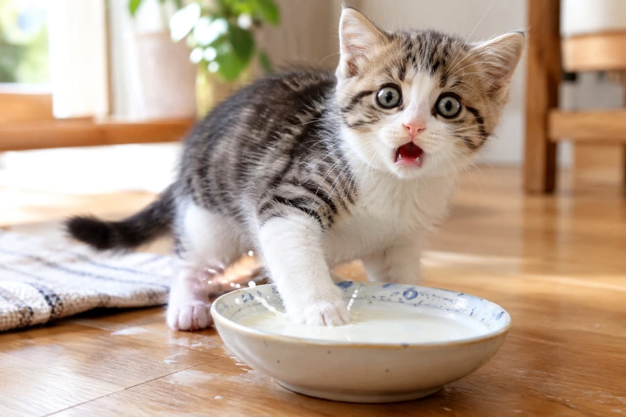 「ミルクの中に足が！😱 驚きすぎた表情が可愛すぎる子猫ちゃん🍼 #猫のいる暮らし #子猫 #キジトラ白」Ultra-realistic high-quality photograph of a surprised brown tabby and white kitten with its right front paw dipped in a ceramic bowl of milk. The kitten, possibly a British Shorthair mix, has wide eyes and an open mouth. Milk is slightly splashed. The setting is a bright living room with a wooden floor, plants, and natural light. 明るいリビングで、ミルクの入ったボウルに右前足を突っ込んでしまった、ブラウンタビー＆ホワイトの子猫のクローズアップ。目が大きく開かれ、口も開いて驚いた表情でカメラを見つめている。ミルクが少し飛び散り、木製のフローリングや背景の観葉植物に柔らかな光が差し込んでいる