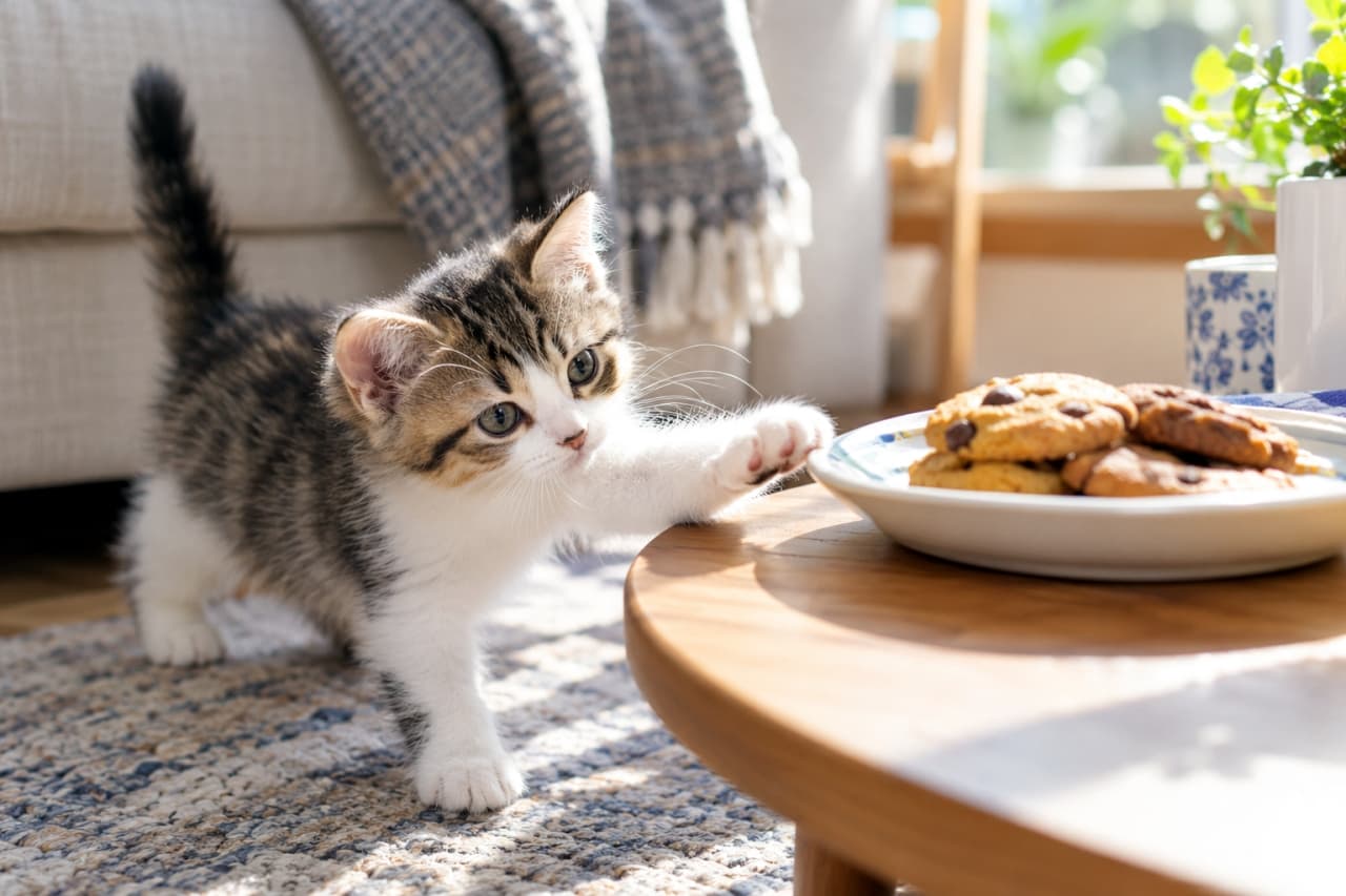 「ちょっと失礼するにゃ🍪 クッキーに内緒で手を伸ばす、食いしん坊な子猫ちゃん🐾 #猫のおやつ #子猫 #キジトラ白 #にゃんすたぐらむ」Ultra-realistic high-quality photograph of a brown tabby and white kitten, possibly an American Shorthair, standing by a wooden round table in a bright living room. The kitten is extending its right front paw to reach for a chocolate chip cookie on a plate. It is focused intently on the cookie. The background shows a grey sofa, plants, and a mug under soft, natural light. 明るいリビングで、木製の丸テーブルの上に置かれたチョコチップクッキーのお皿に、ブラウンタビー＆ホワイトの子猫が右前足を伸ばして触れようとしている。子猫はテーブルの横に立ち、クッキーを集中して見つめている。背景にはグレーのソファや観葉植物、マグカップが写り、柔らかな光が差し込んでいる