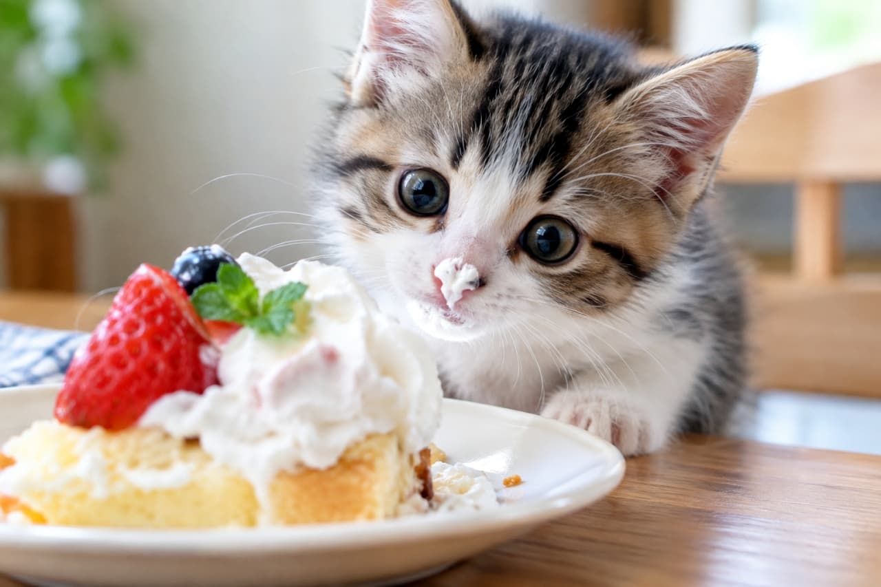 「つまみ食いバレてないにゃ…？🤫 お鼻にクリームをつけたままとぼける子猫ちゃん。可愛すぎて怒れません🍰 #食いしん坊猫 #子猫 #キジトラ白 #にゃんすたぐらむ」Ultra-realistic high-quality photograph of a brown tabby and white kitten with whipped cream on its nose, getting close to a strawberry shortcake on a dining table. The kitten looks directly at the camera with large, innocent eyes. The bright, blurred background creates a soft and sweet atmosphere. ダイニングテーブルに置かれたイチゴと生クリームたっぷりのケーキに顔を近づけ、鼻の頭に生クリームをつけてしまったブラウンタビー＆ホワイトの子猫。大きな瞳で真っ直ぐこちらを見つめるあどけない表情。背景は明るくボケており、柔らかな雰囲気を醸し出している