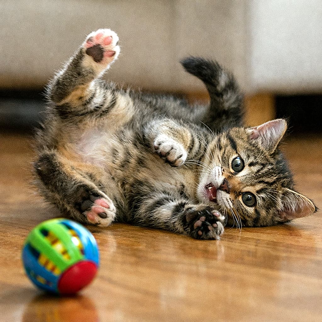 「ボールを追いかけてダッシュした結果…コロンと大転倒!びっくり顔の子猫がかわいすぎる、元気いっぱいのハプニング瞬間🐾」A playful tabby kitten tumbles onto its back on a wooden floor while chasing a colorful jingle ball toy, captured in a photorealistic high-resolution moment. カラフルな鈴入りボールを追いかけて遊んでいる途中、勢い余って木の床の上でひっくり返ってしまったキジトラの子猫のフォトリアルな瞬間