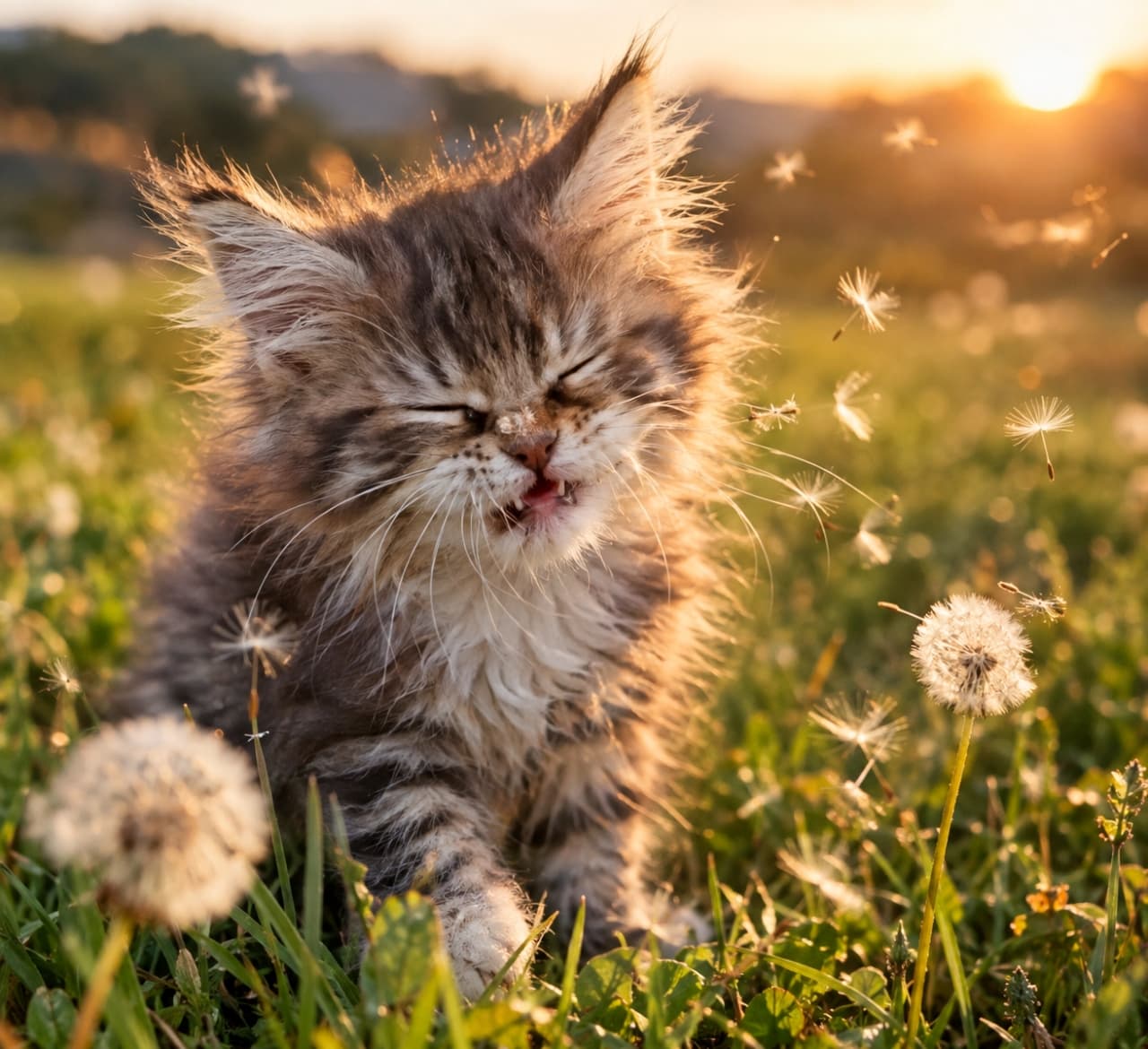 「綿毛が舞う中でハックション！🤧✨ 夕陽に照らされたフワフワな姿がまぶしい #子猫 #くしゃみ #猫のいる暮らし #メインクーン #にゃんすたぐらむ」Ultra-realistic high-quality photograph of a fluffy long-haired Maine Coon kitten with its eyes squeezed shut, sneezing amidst floating dandelion seeds in a grassy field during golden hour sunset lighting. 夕暮れの草原で、綿毛が舞う中、フワフワな長毛のメインクーン子猫が目を細めてくしゃみをしている。タンポポの綿毛と逆光の光が幻想的な超リアルな写真