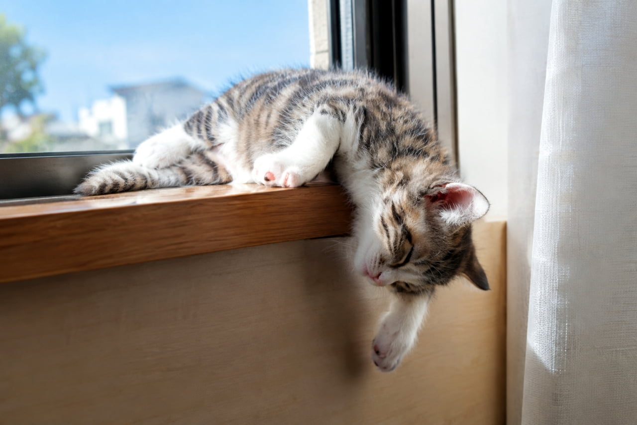 「そこ寝心地いいの？😂 窓枠からこぼれ落ちそうになりながら爆睡中の子猫ちゃん。無防備な姿に癒やされます💕 #猫のいる暮らし #子猫 #サバトラ白 #にゃんすたぐらむ」Ultra-realistic high-quality photograph of a silver tabby and white kitten sleeping soundly, with its upper body hanging loosely off a wooden windowsill. Its fluffy fur, pink nose, and paws are illuminated by natural light. The background features a blue sky and a white curtain, conveying a peaceful atmosphere. 晴れた日の窓辺で、木製の窓枠から上半身をだらんと下に垂らしたまま熟睡しているシルバータビー＆ホワイトの子猫。ふわふわの被毛、ピンク色の小さな鼻と肉球が自然光に照らされている。背景には青空と白いカーテンが写り、のんびりとした平和な時間が流れている